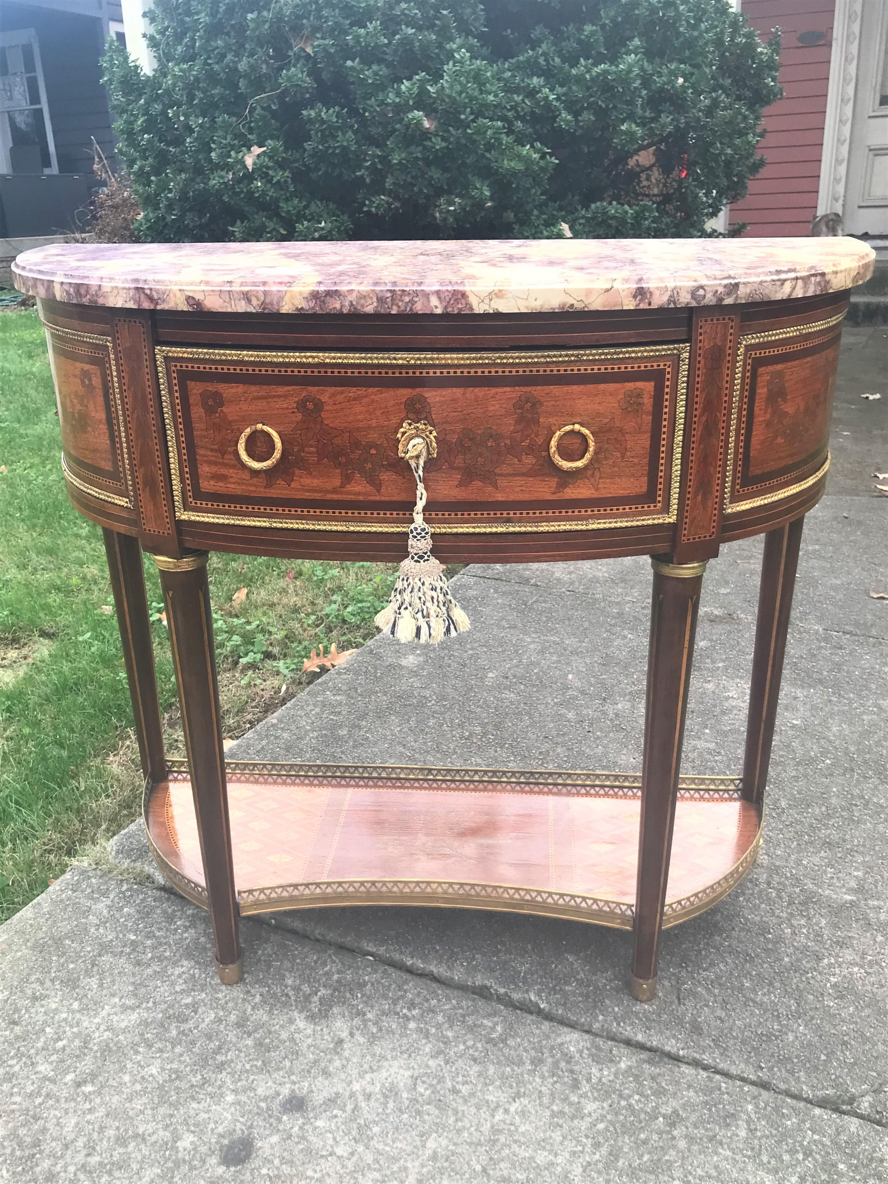 Louis XVI Style Inlaid Demilune Console Desserte Table with Marble Top 5