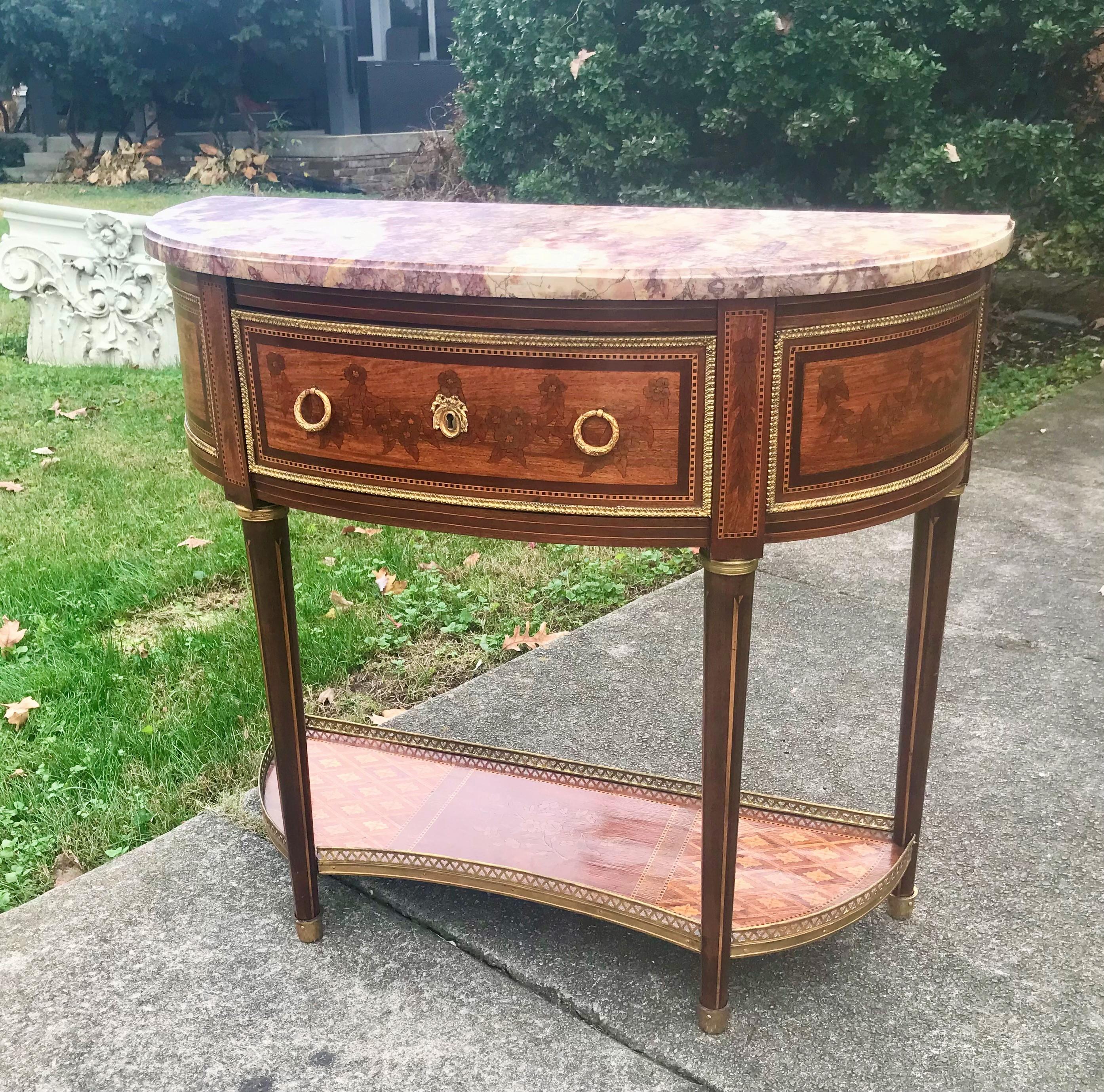 Louis XVI Style Inlaid Demilune Console Desserte Table with Marble Top 10