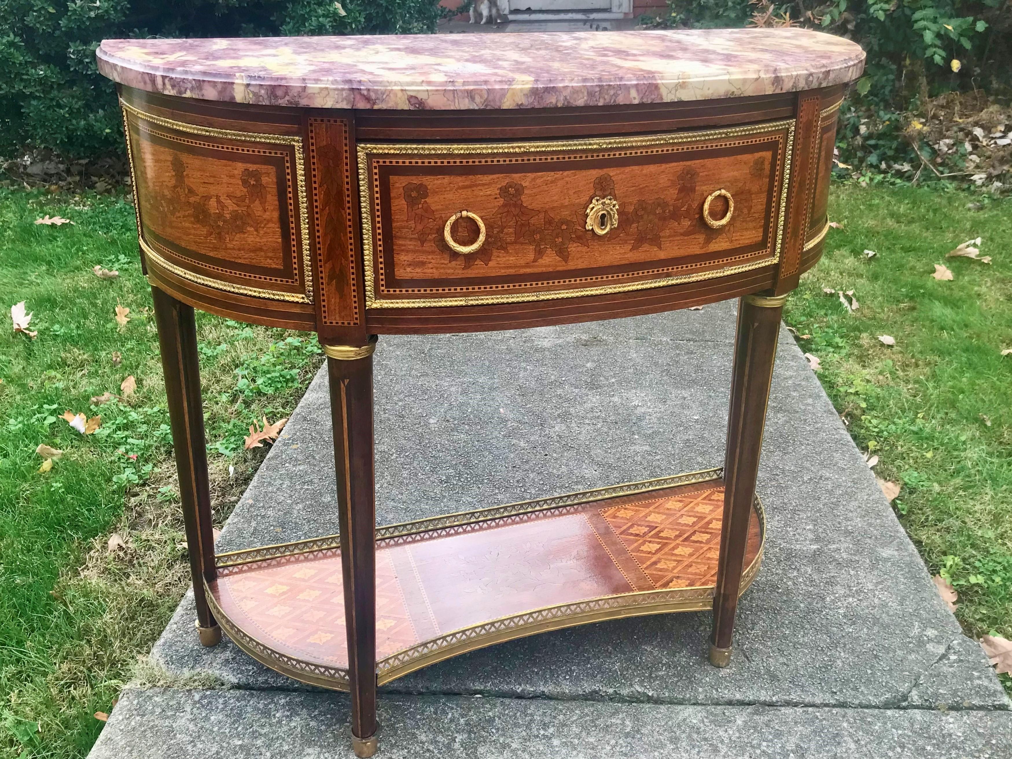 Louis XVI Style Inlaid Demilune Console Desserte Table with Marble Top 12