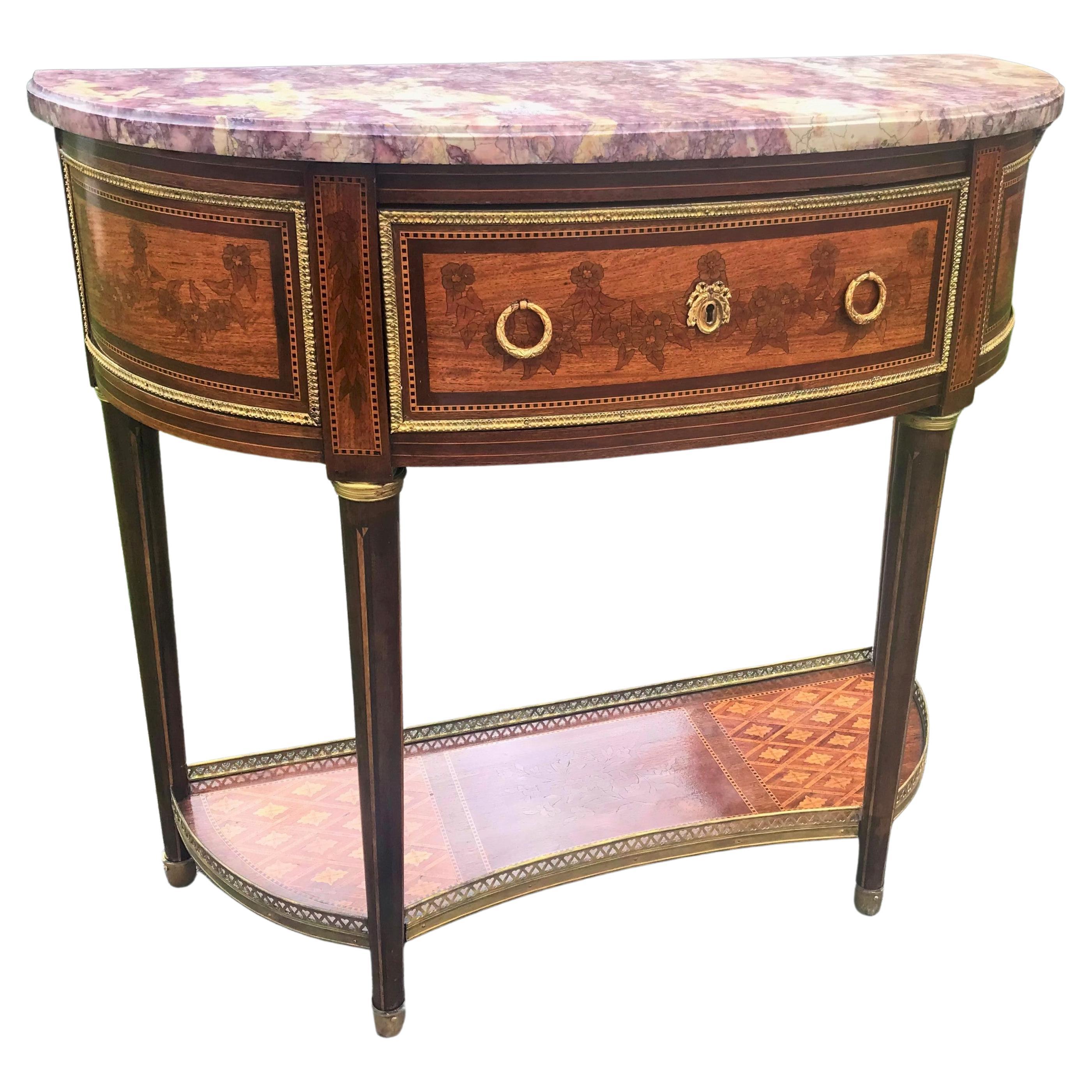 French Louis XVI Style Inlaid Demilune Console Desserte Table with Marble Top