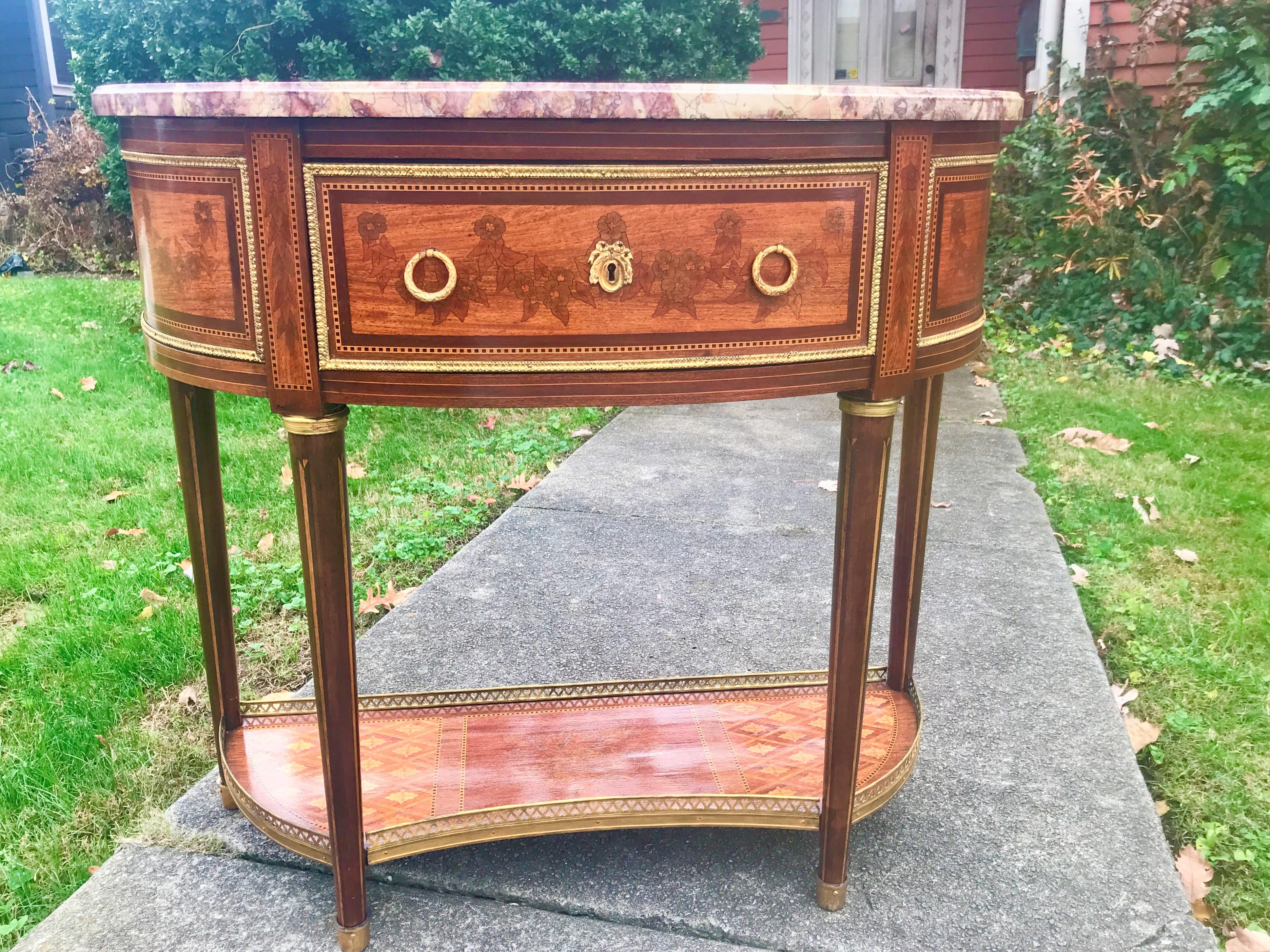 Louis XVI Style Inlaid Demilune Console Desserte Table with Marble Top In Fair Condition In Nashville, TN