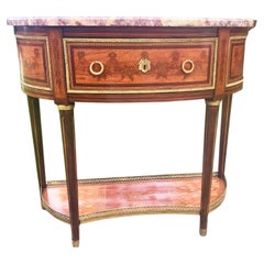 Louis XVI Style Inlaid Demilune Console Desserte Table with Marble Top