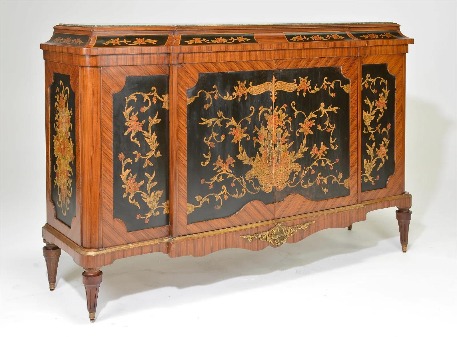 Louis XVI style inlaid server, buffet or console.
 
A Bronze Mounted all over Inlaid, Ebony and Satinwood Decorated chest supporting a Malakite Style Marble Top with a shelved interior. 
 
 
 
gLI.