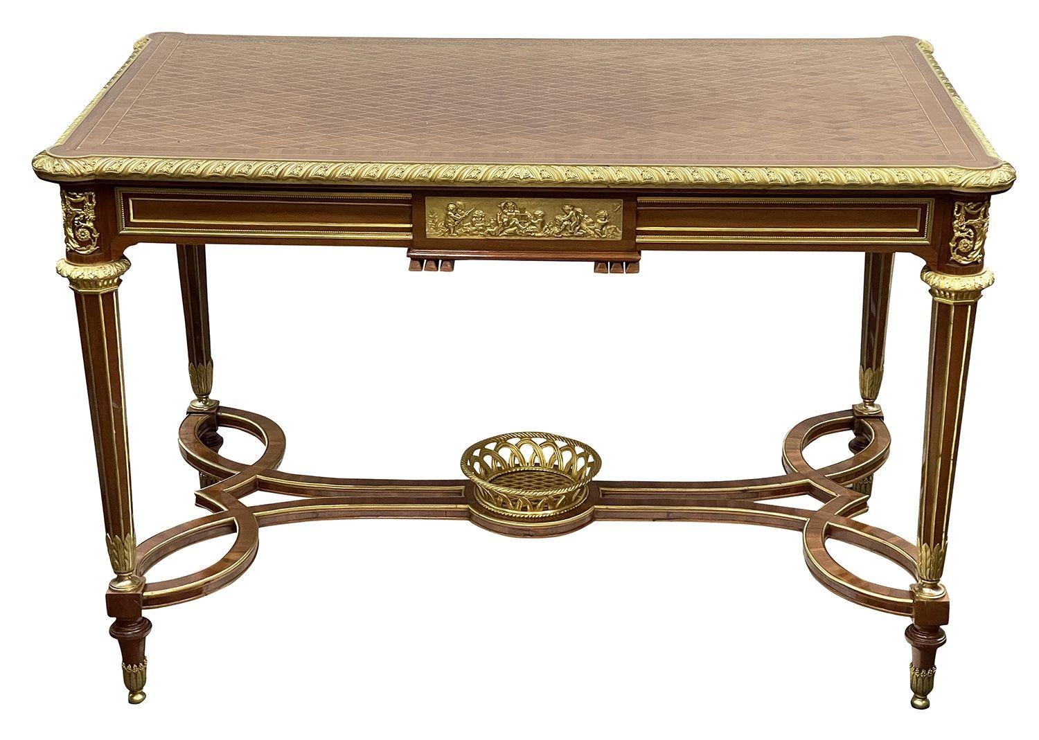 This exquisite Louis XVI style side table showcases intricate parquetry inlay and elegant ormolu mounts. Crafted from rich mahogany, the table features a rectangular top adorned with a diamond-patterned veneer. A single drawer, embellished with