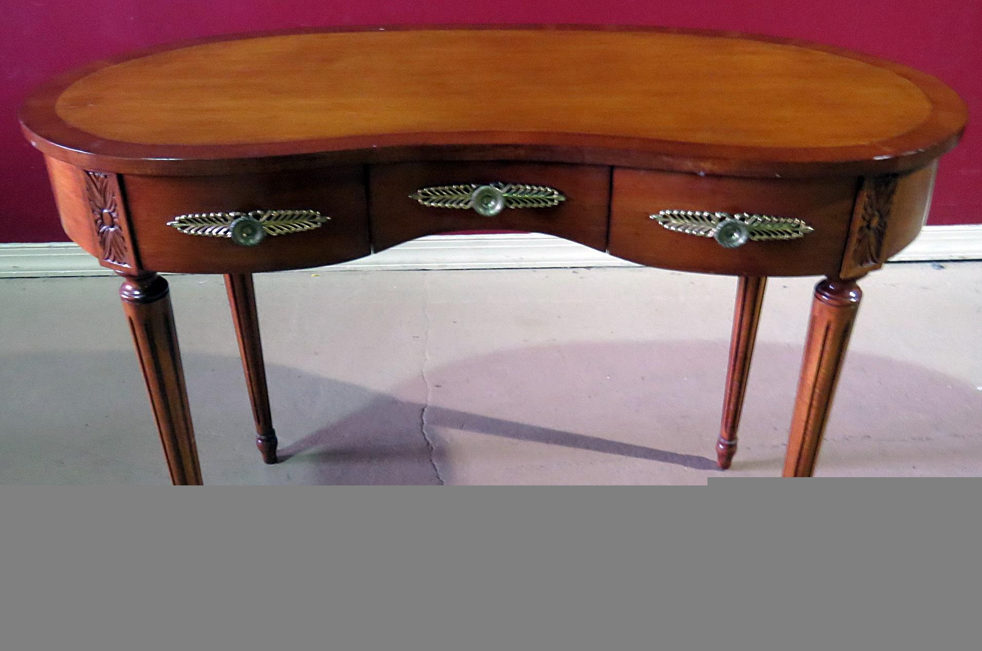 Louis XVI style kidney shaped 3-drawer inlaid writing desk.