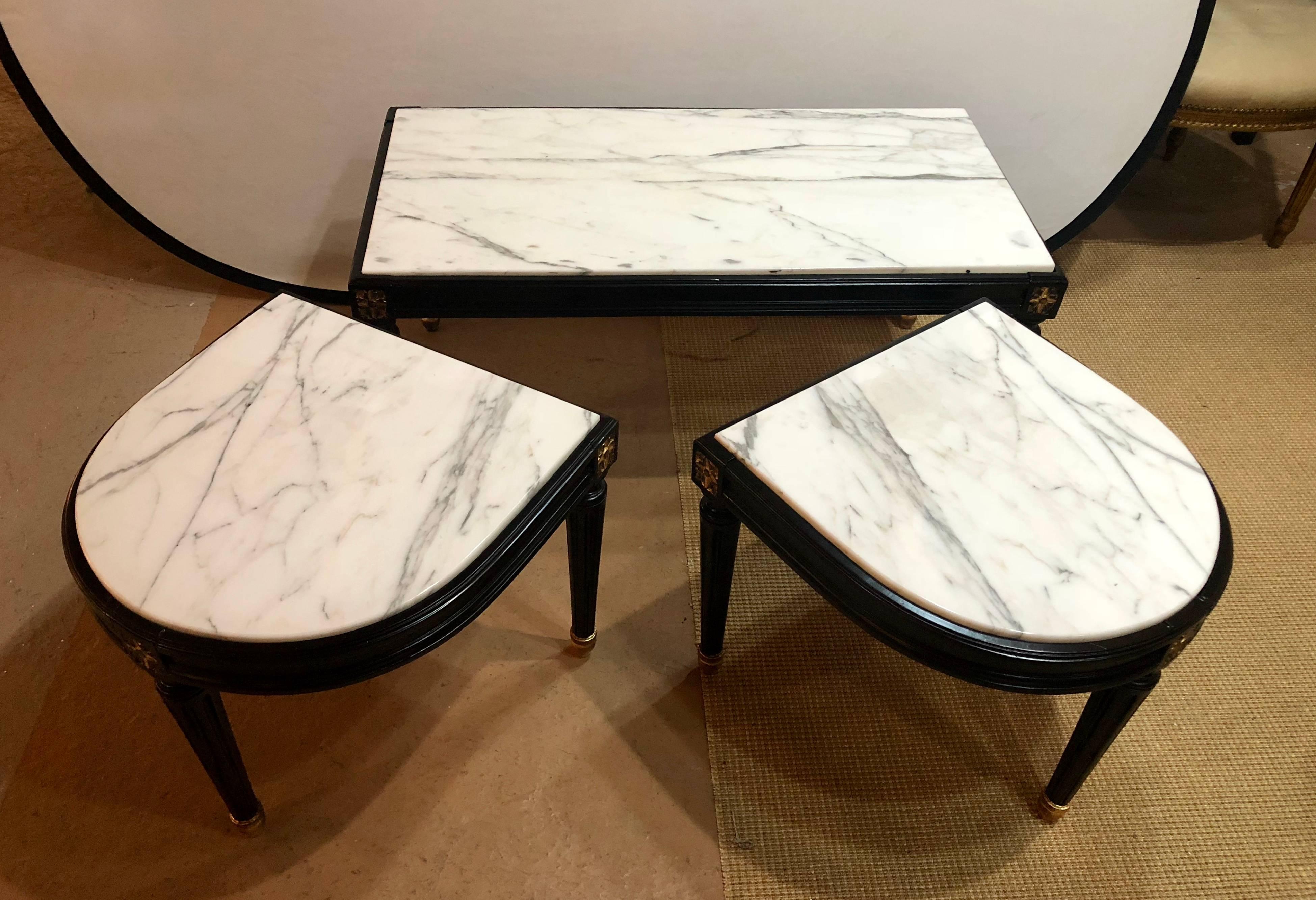 Louis XVI Style Inset Marble-Top Three-Piece Coffee Table, Maison Jansen Manner In Good Condition In Stamford, CT