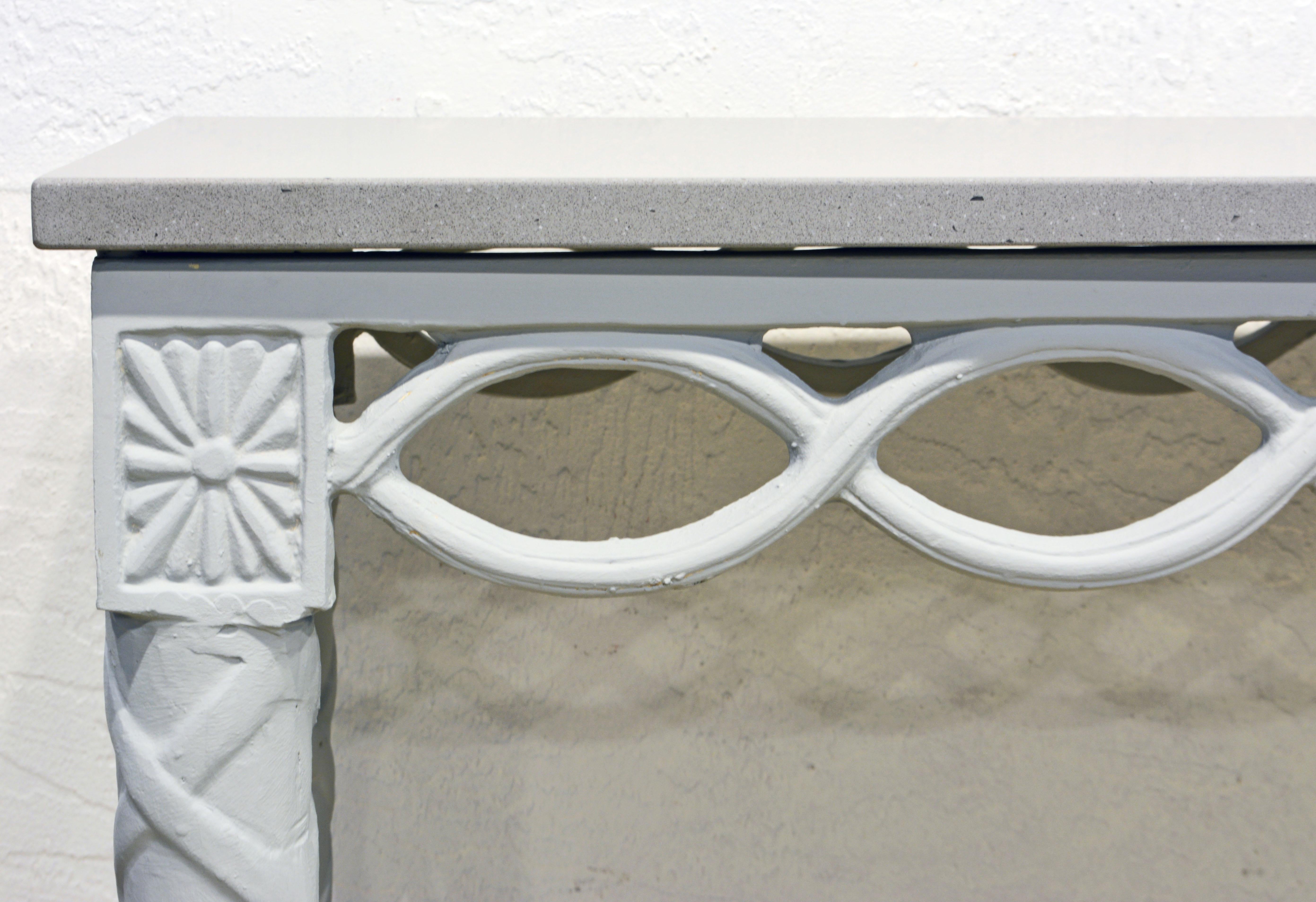 Louis XVI Style Inspired Painted Metal Gray Stone Top Console Table, 20th C. For Sale 4