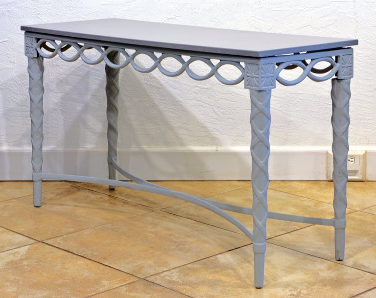 Mexican Louis XVI Style Inspired Painted Metal Gray Stone Top Console Table, 20th C. For Sale