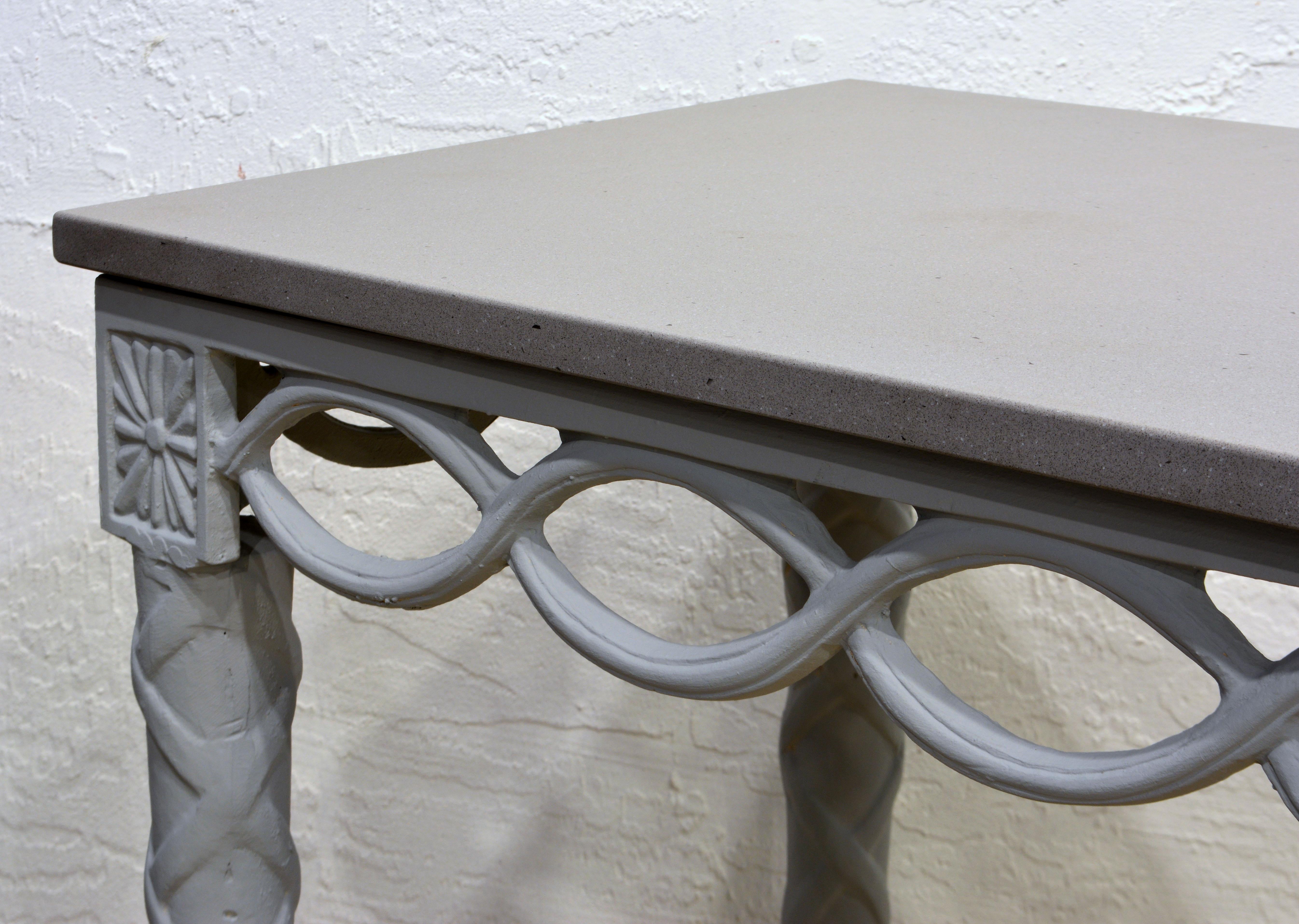 Louis XVI Style Inspired Painted Metal Gray Stone Top Console Table, 20th C. In Good Condition In Ft. Lauderdale, FL