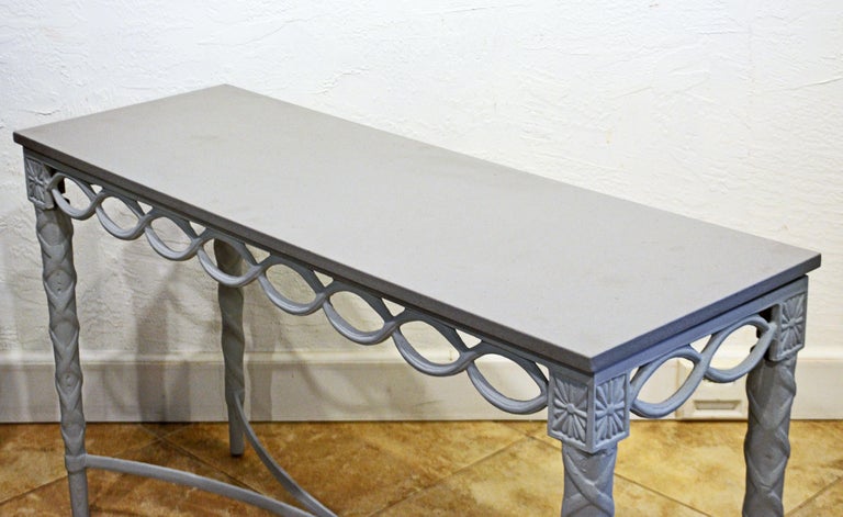 Aluminum Louis XVI Style Inspired Painted Metal Gray Stone Top Console Table, 20th C. For Sale