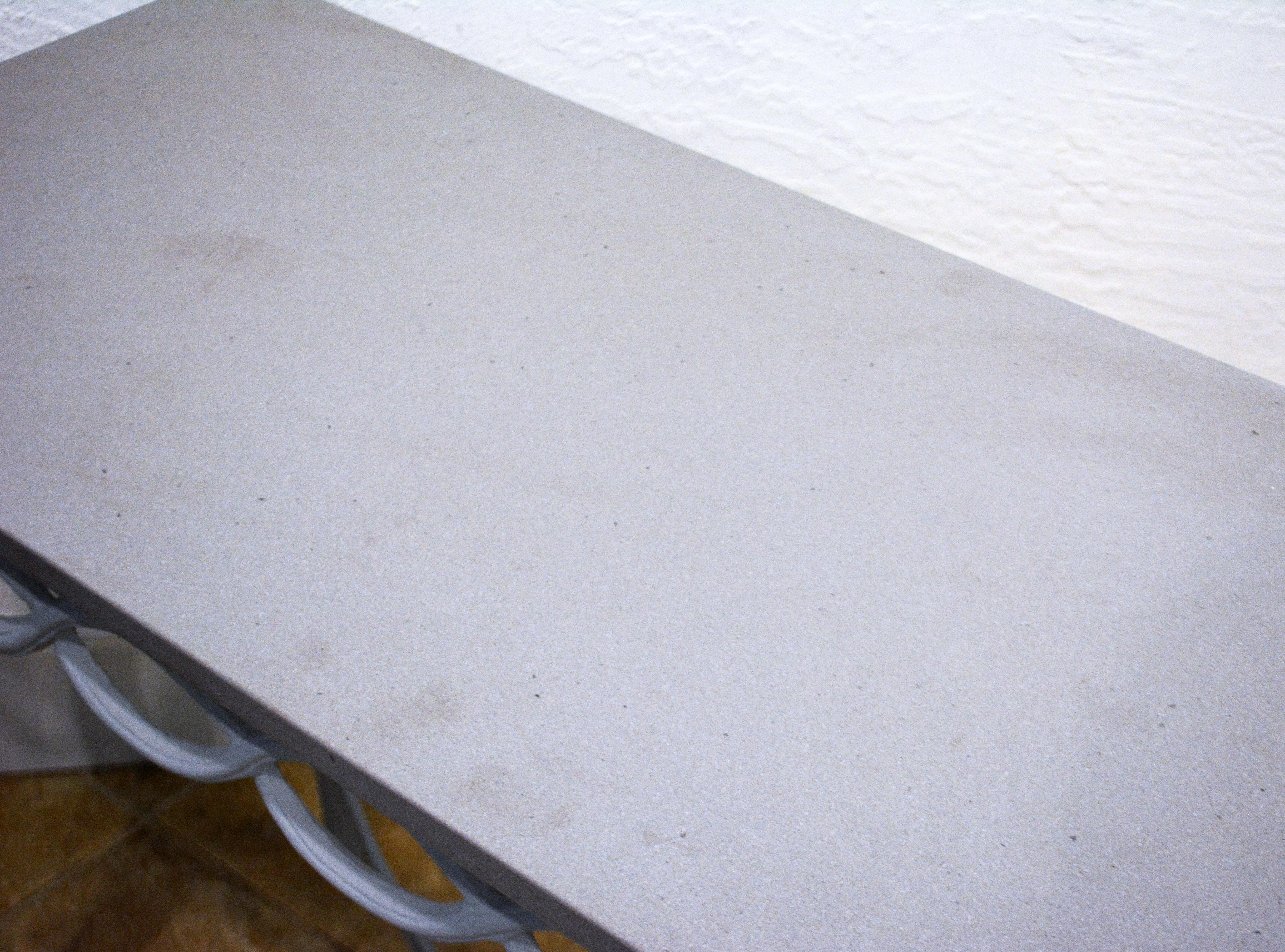 Louis XVI Style Inspired Painted Metal Gray Stone Top Console Table, 20th C. For Sale 1