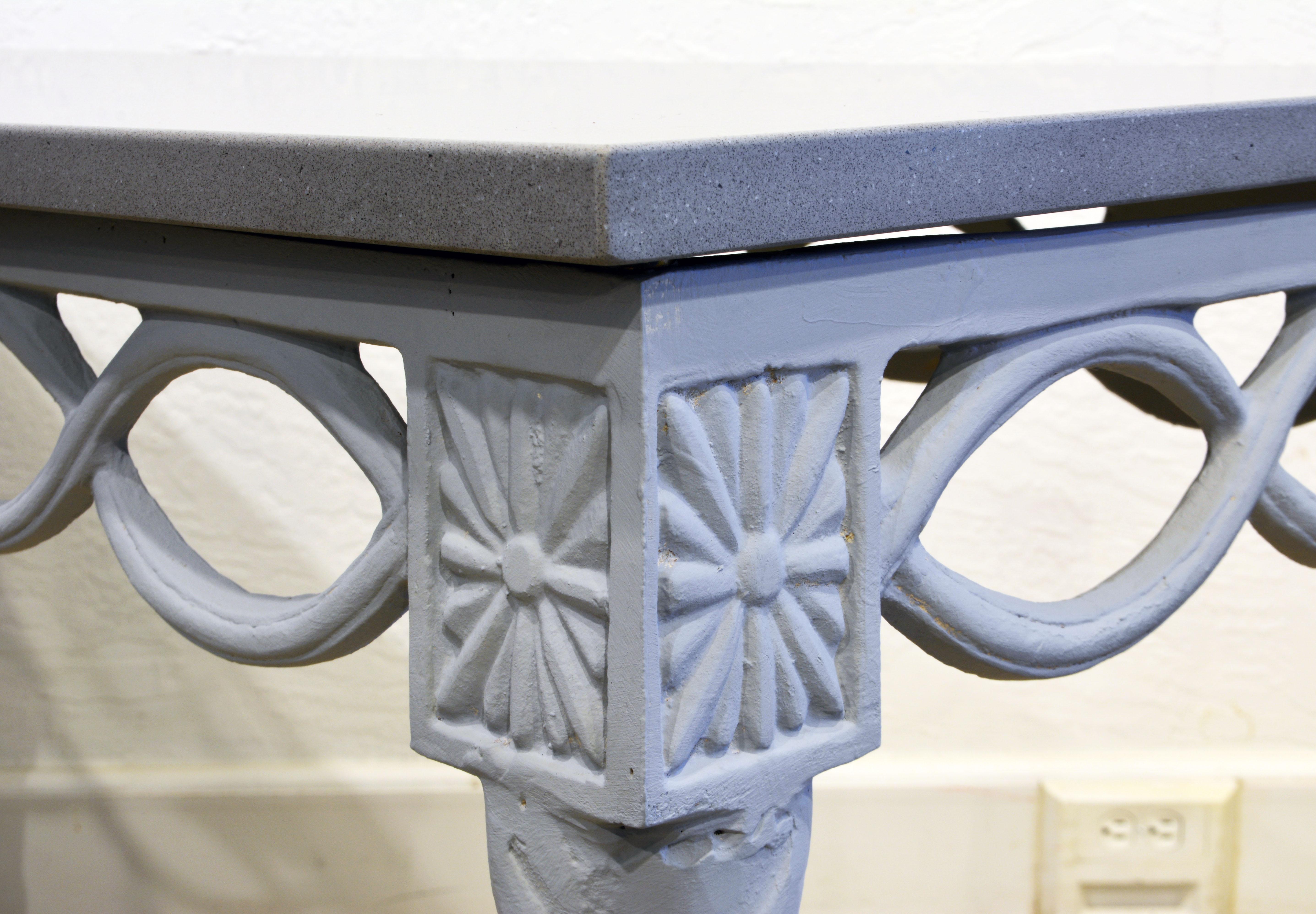 Louis XVI Style Inspired Painted Metal Gray Stone Top Console Table, 20th C. For Sale 3