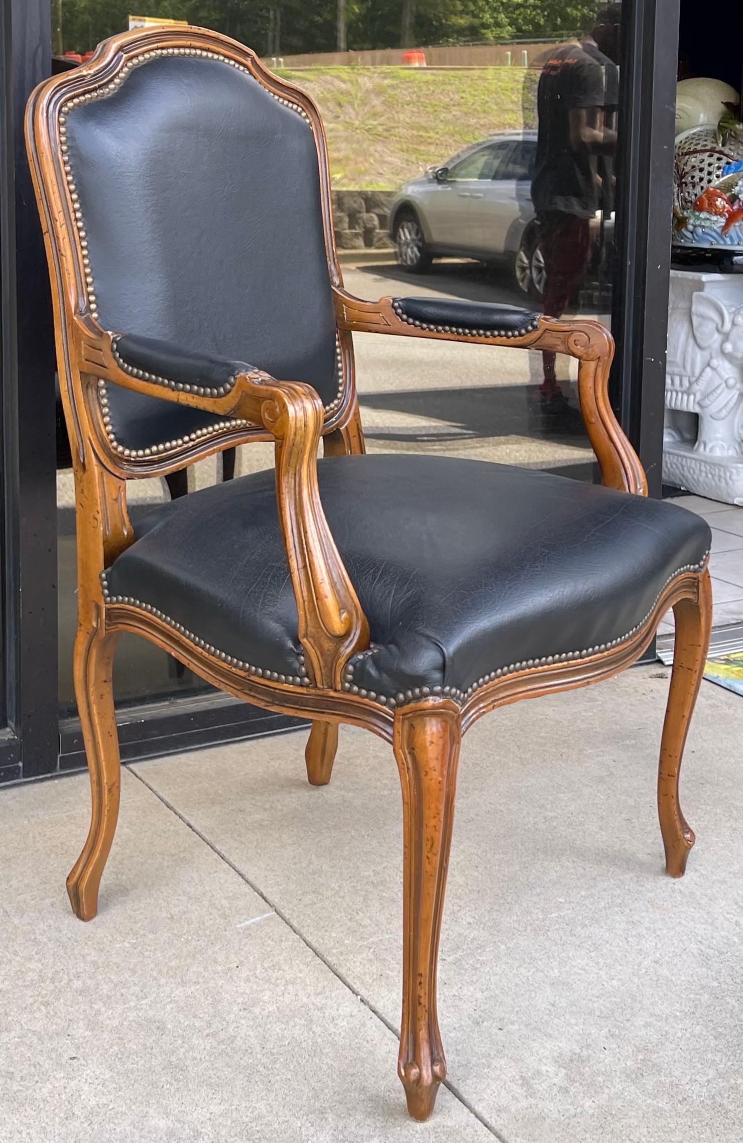 This is a classic pair of Italian carved fruitwood and leather Louis XVI style bergere chairs by Chateau D’Ax. They date to the 1980s and are in very good condition. The pair are marked.

My shipping is for the Continental US only.