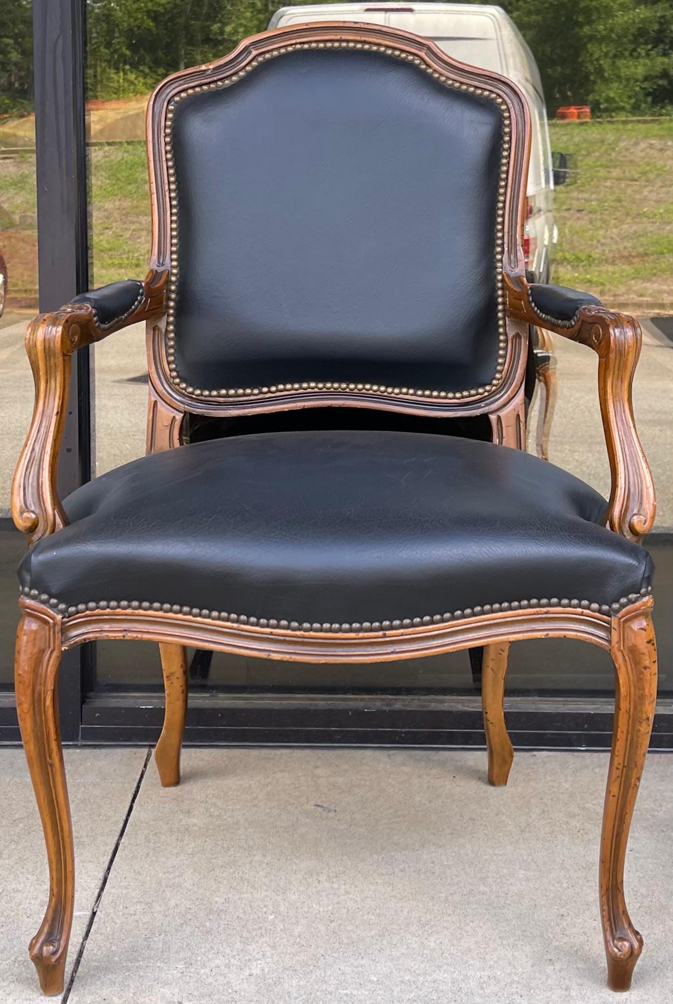 Louis XVI Style Italian Carved Fruitwood and Leather Bergere Chairs, Pair In Good Condition In Kennesaw, GA