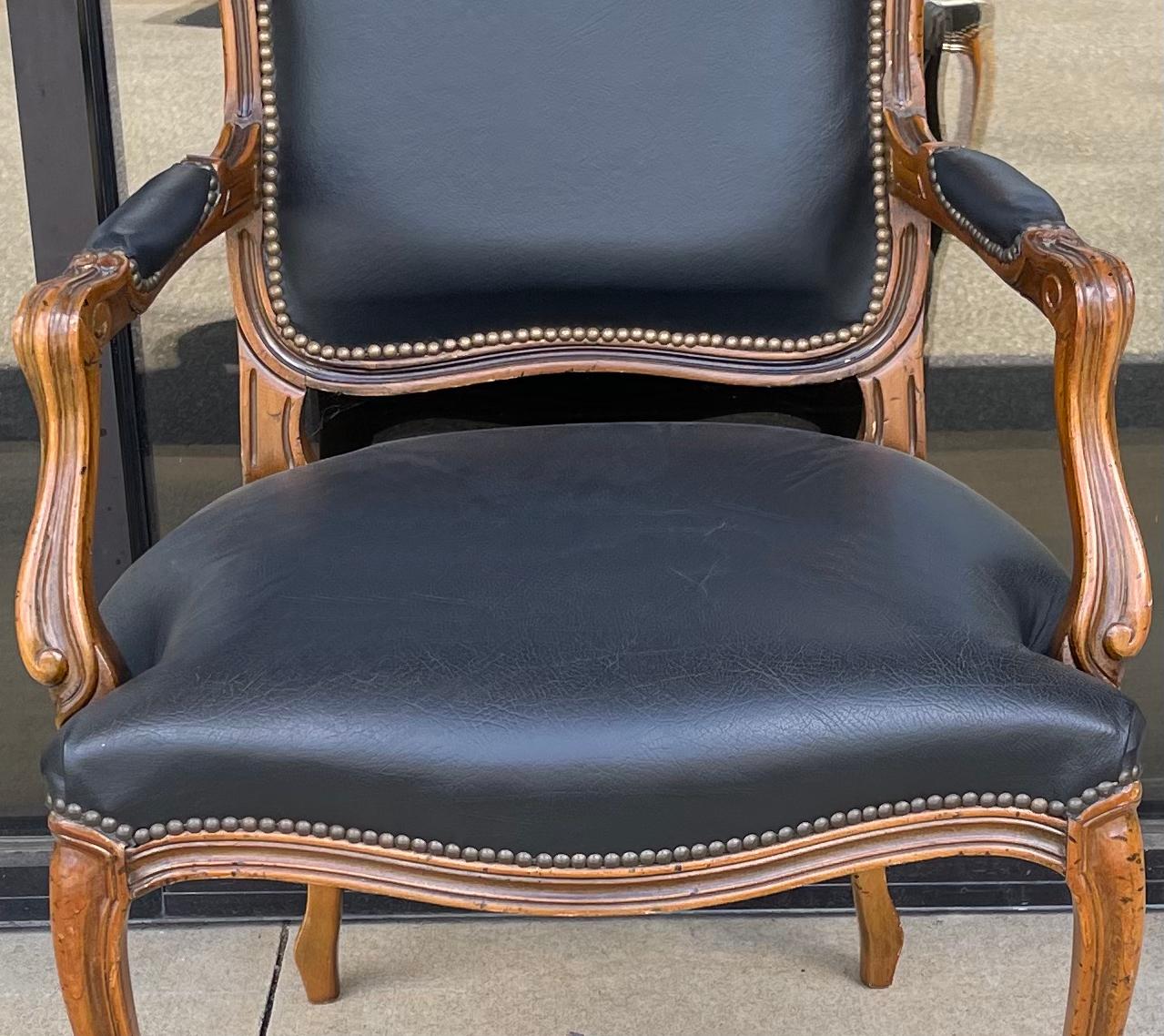 Louis XVI Style Italian Carved Fruitwood and Leather Bergere Chairs, Pair 1