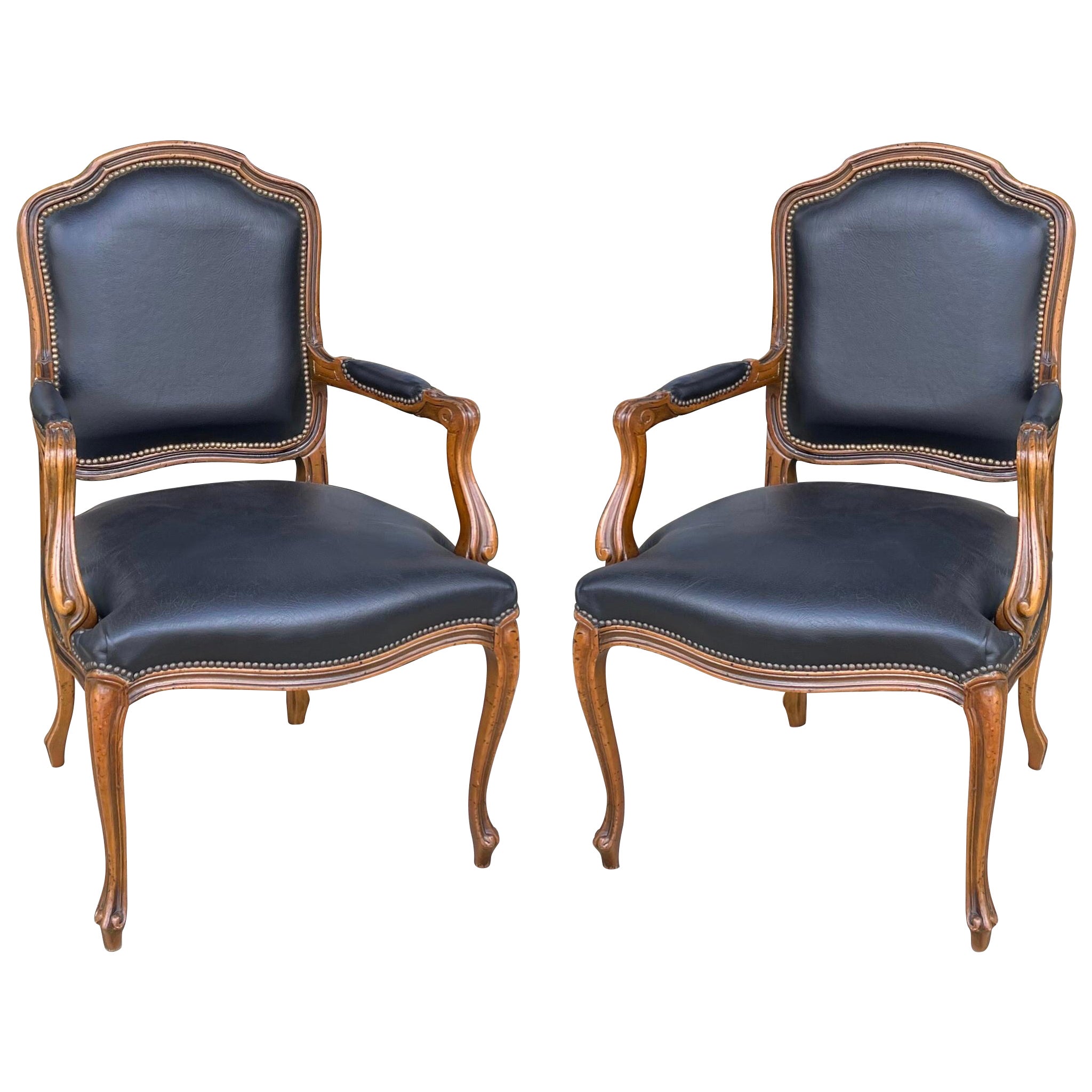 Louis XVI Style Italian Carved Fruitwood and Leather Bergere Chairs, Pair