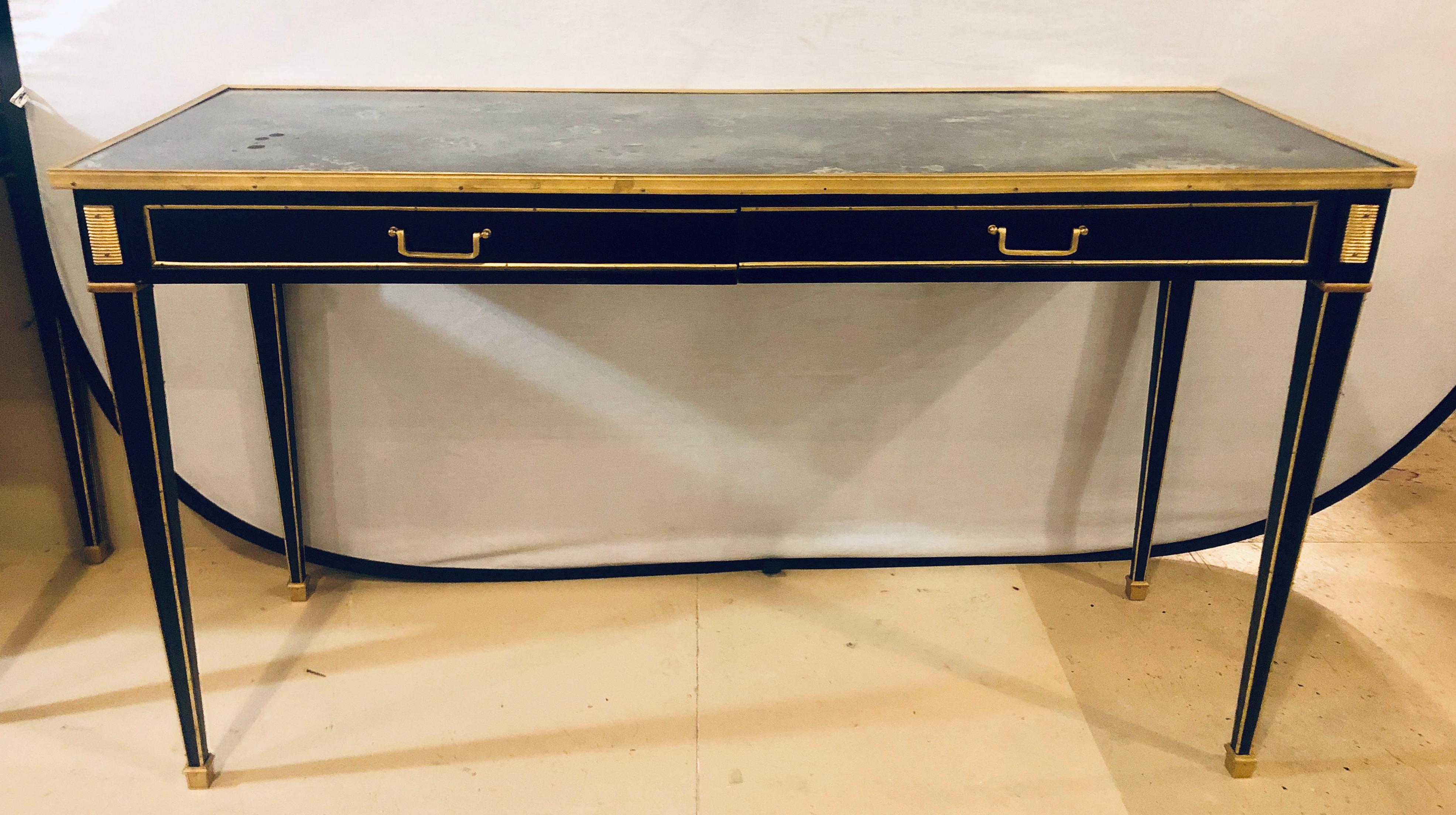 Louis XVI Style Jansen Style Mirrored Top Console Sofa Tables, a Pair In Good Condition In Stamford, CT