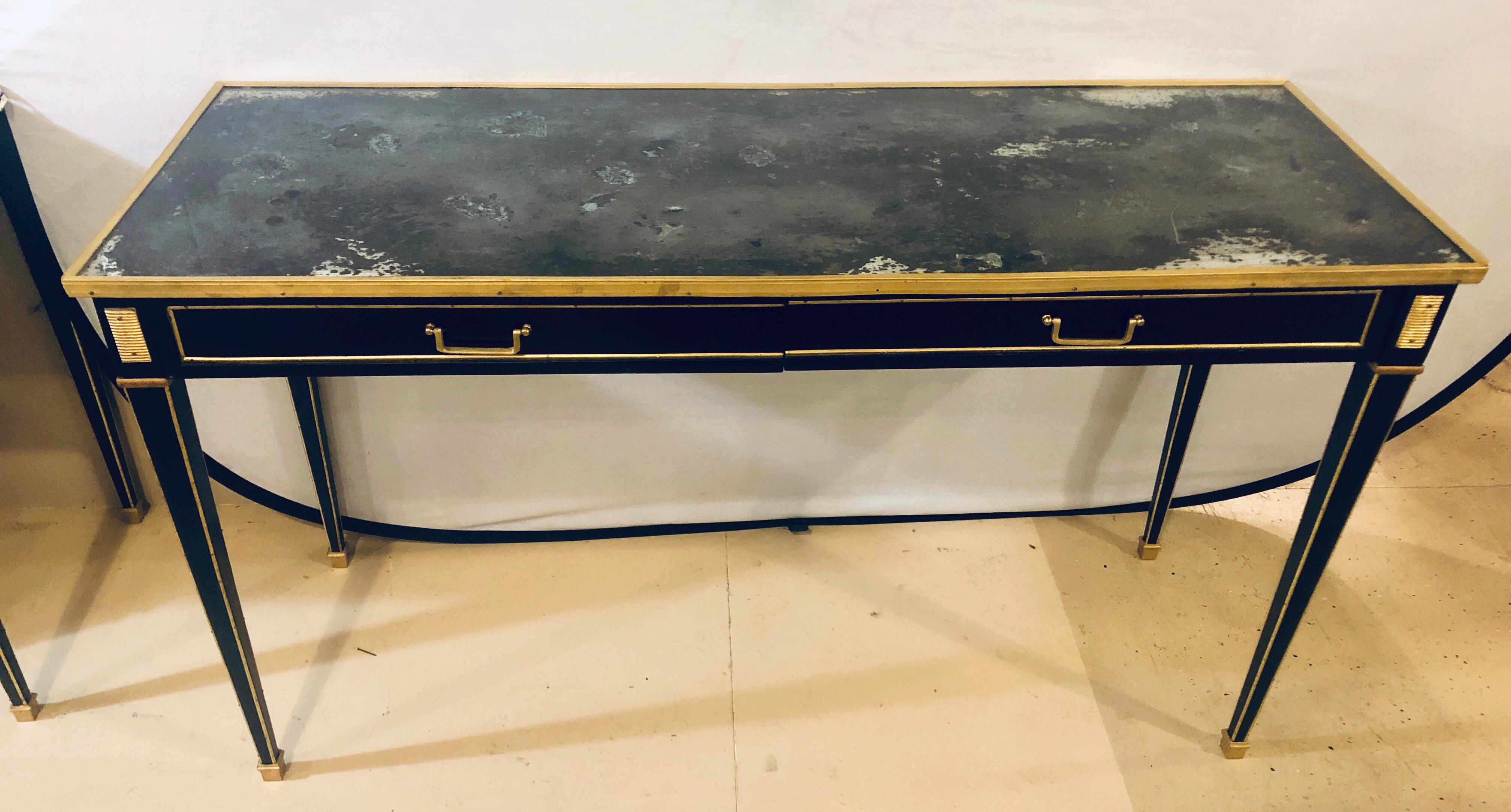 20th Century Louis XVI Style Jansen Style Mirrored Top Console Sofa Tables, a Pair