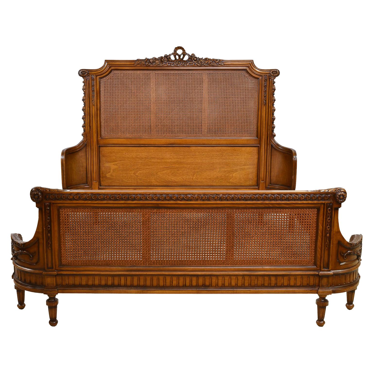 Louis XVI Style King Size Bed with Walnut-Colored Wood Frame and Woven Caning