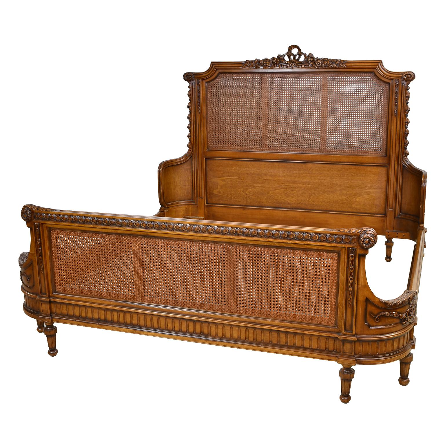 Egyptian Louis XVI Style King Size Bed with Walnut-Colored Wood Frame and Woven Caning