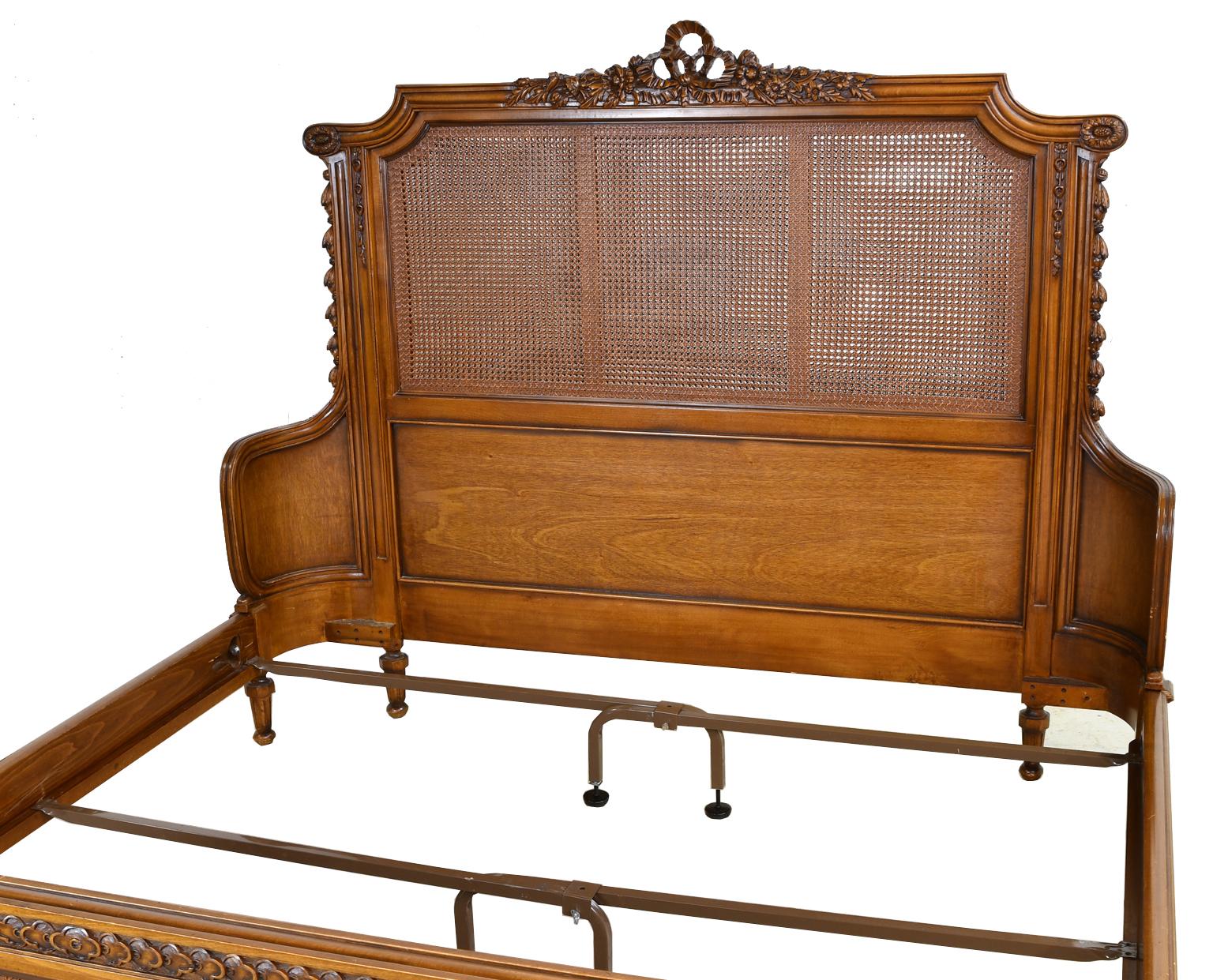 Louis XVI Style King Size Bed with Walnut-Colored Wood Frame and Woven Caning In Good Condition In Miami, FL