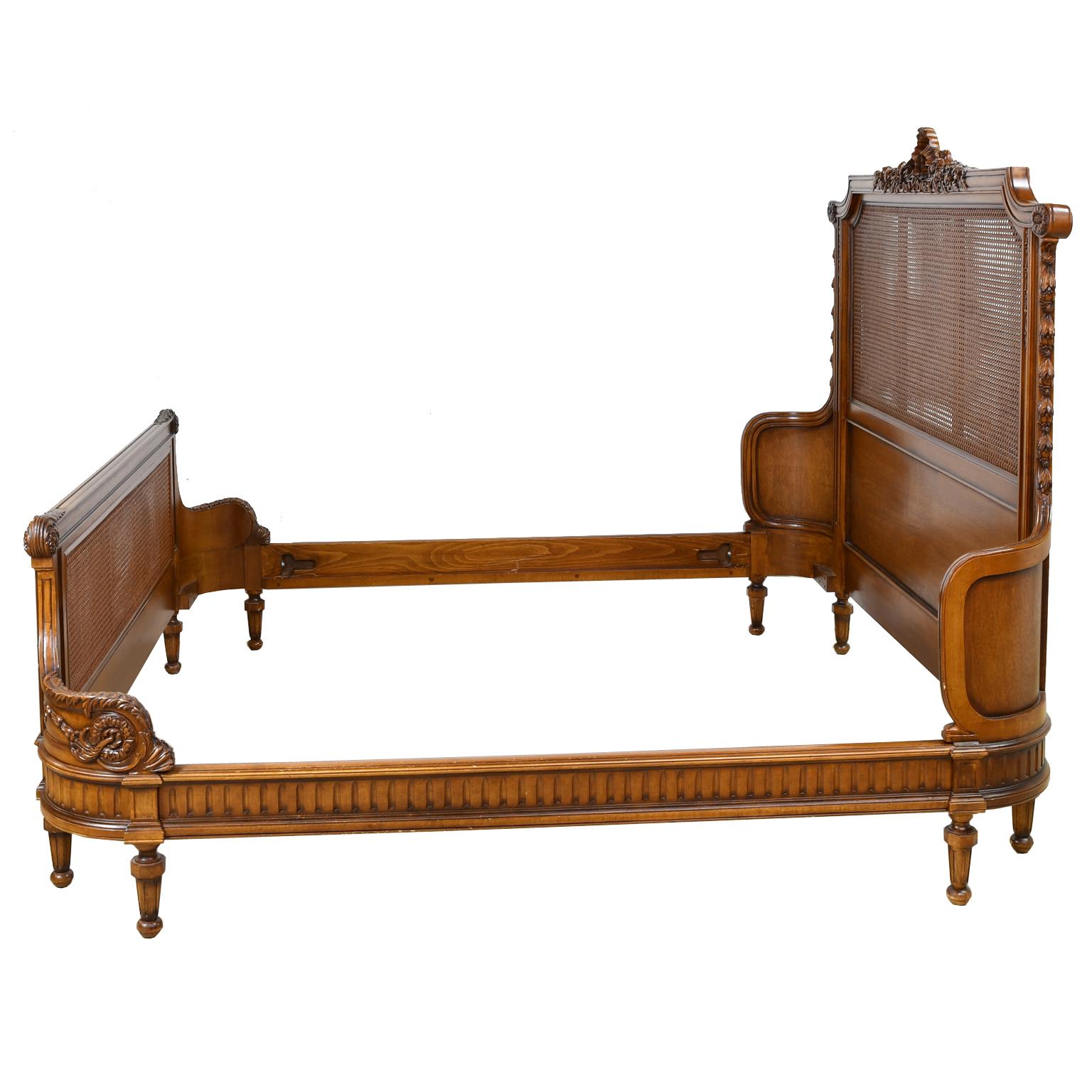 Contemporary Louis XVI Style King Size Bed with Walnut-Colored Wood Frame and Woven Caning