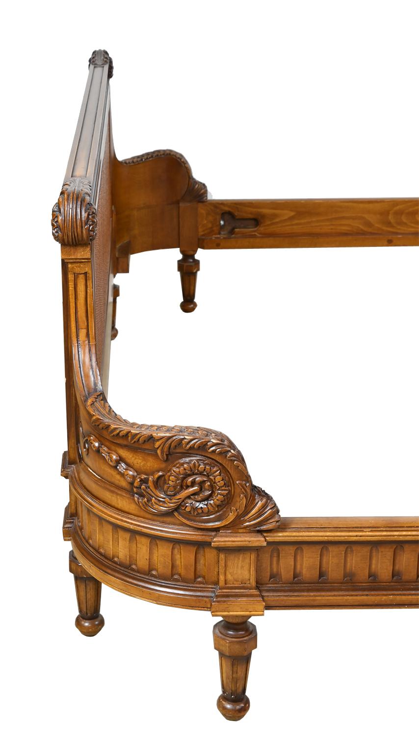 Cane Louis XVI Style King Size Bed with Walnut-Colored Wood Frame and Woven Caning
