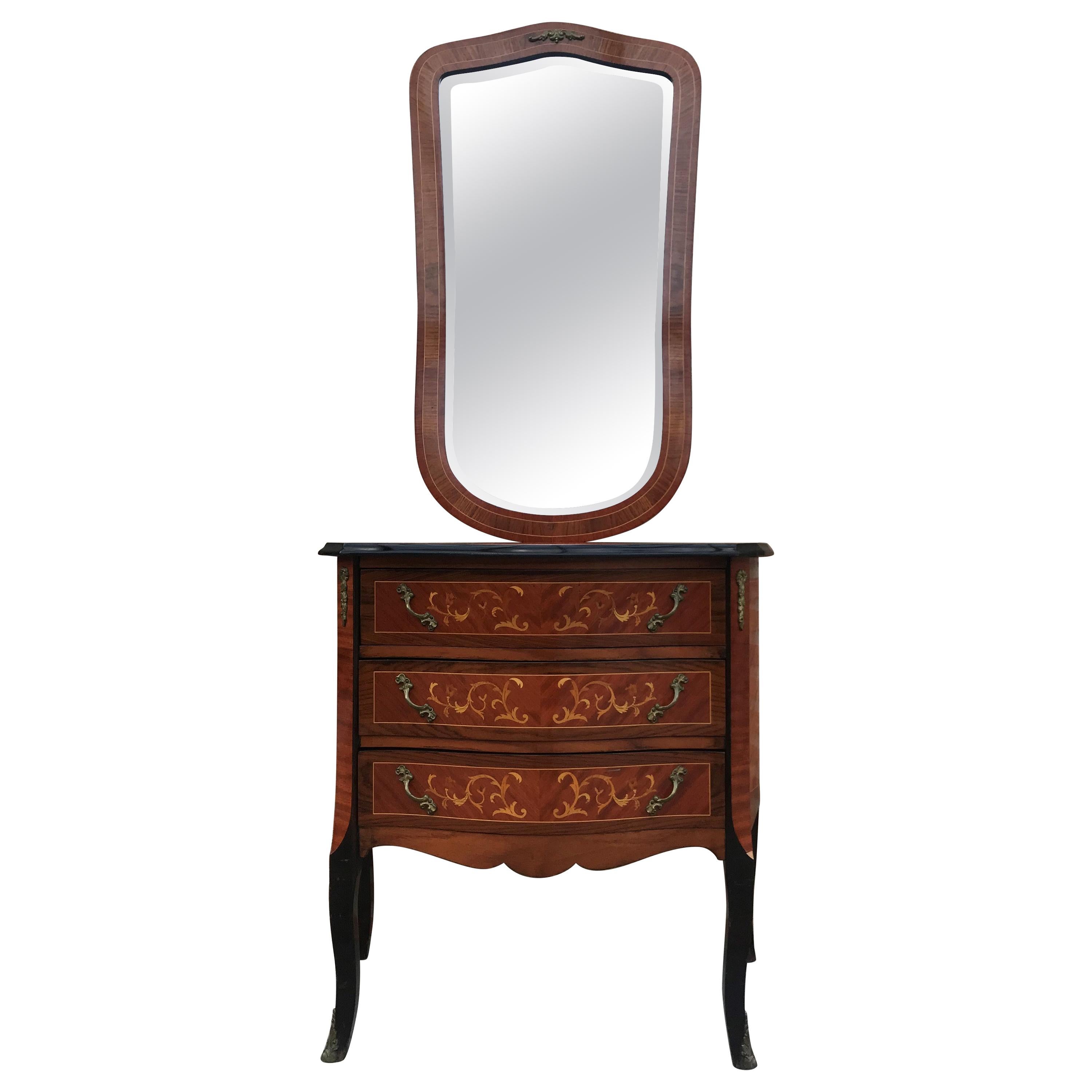 Commode in stile Luigi XVI in legno di Re e intarsio con specchio