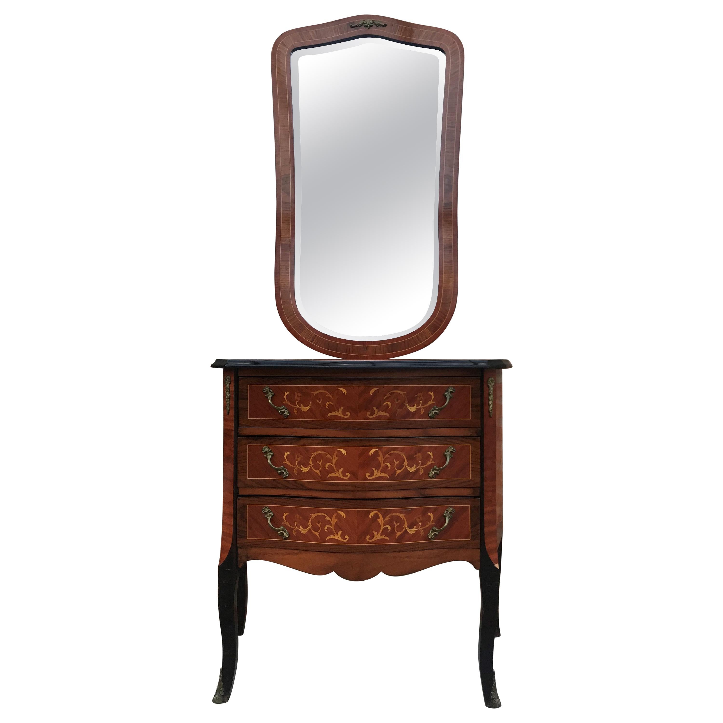 Commode de style Louis XVI en bois de violette et marqueterie avec miroir