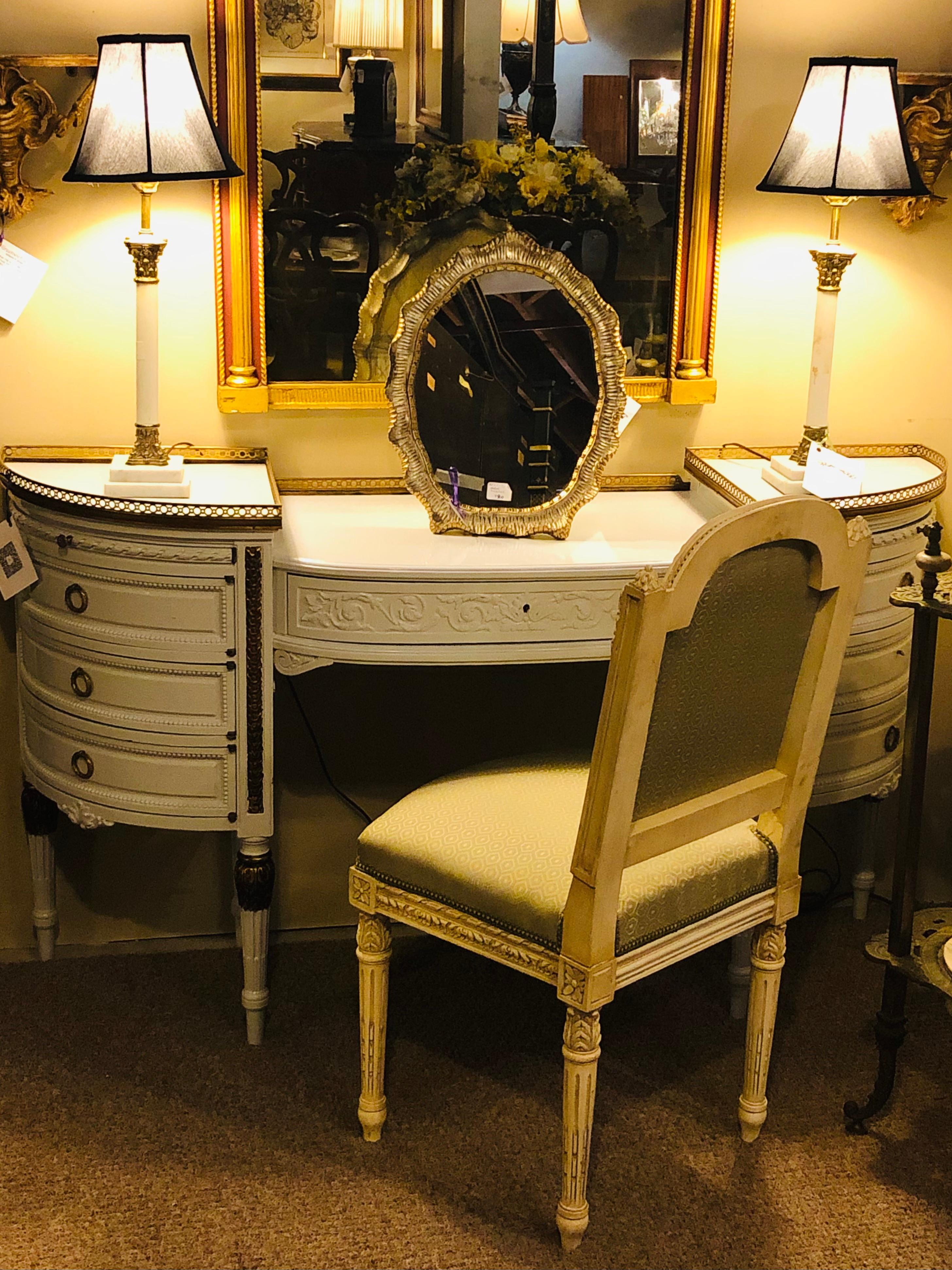 French Louis XVI Style Ladies Vanity / Writing Desk in Dove Gray Lacquer