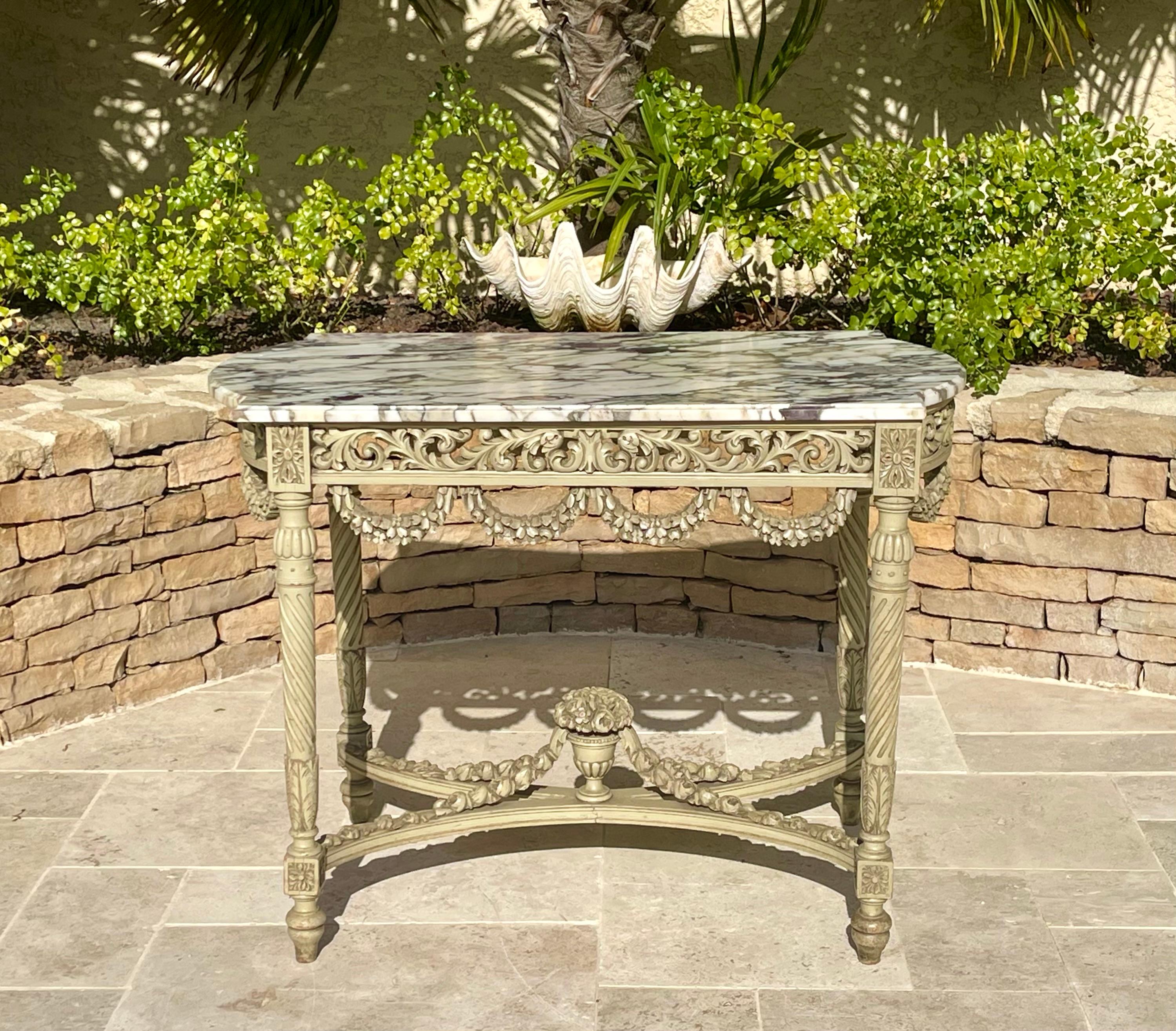 French Louis XVI Style Laquered Center Table with Marble, XIXth century For Sale