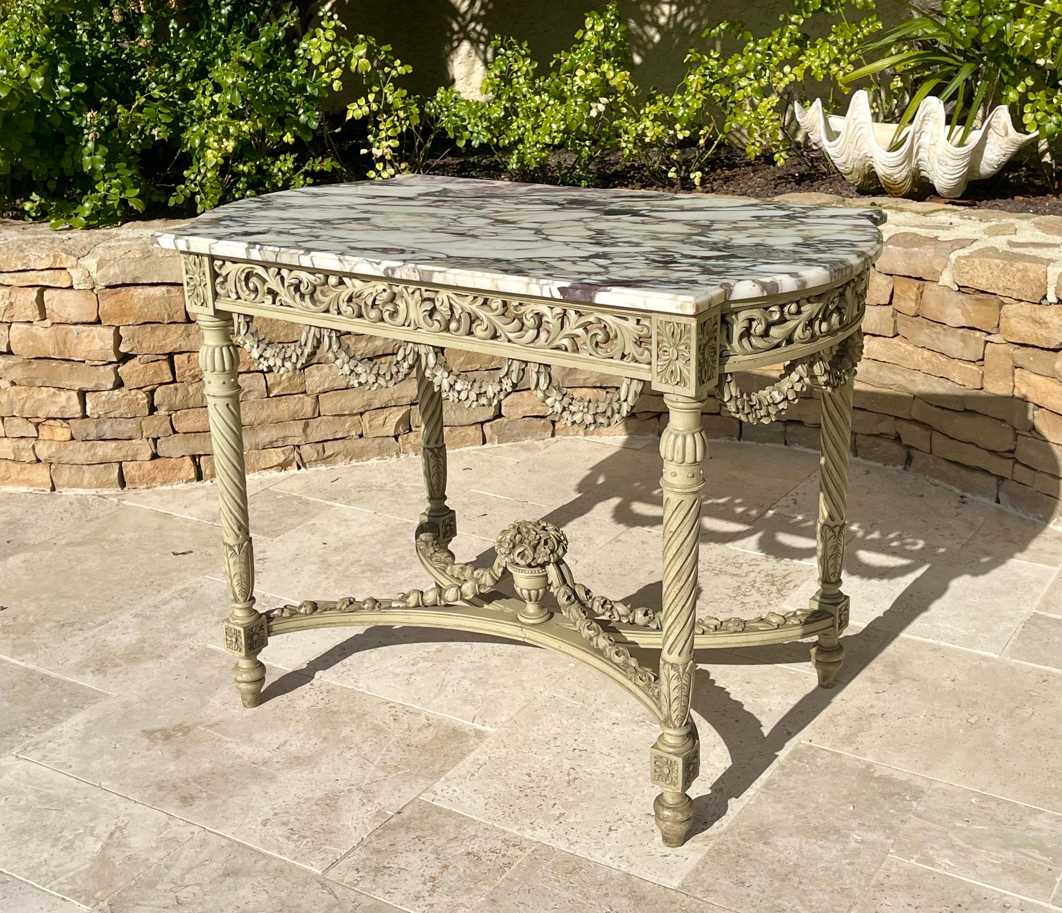 Hand-Painted Louis XVI Style Laquered Center Table with Marble, XIXth century For Sale