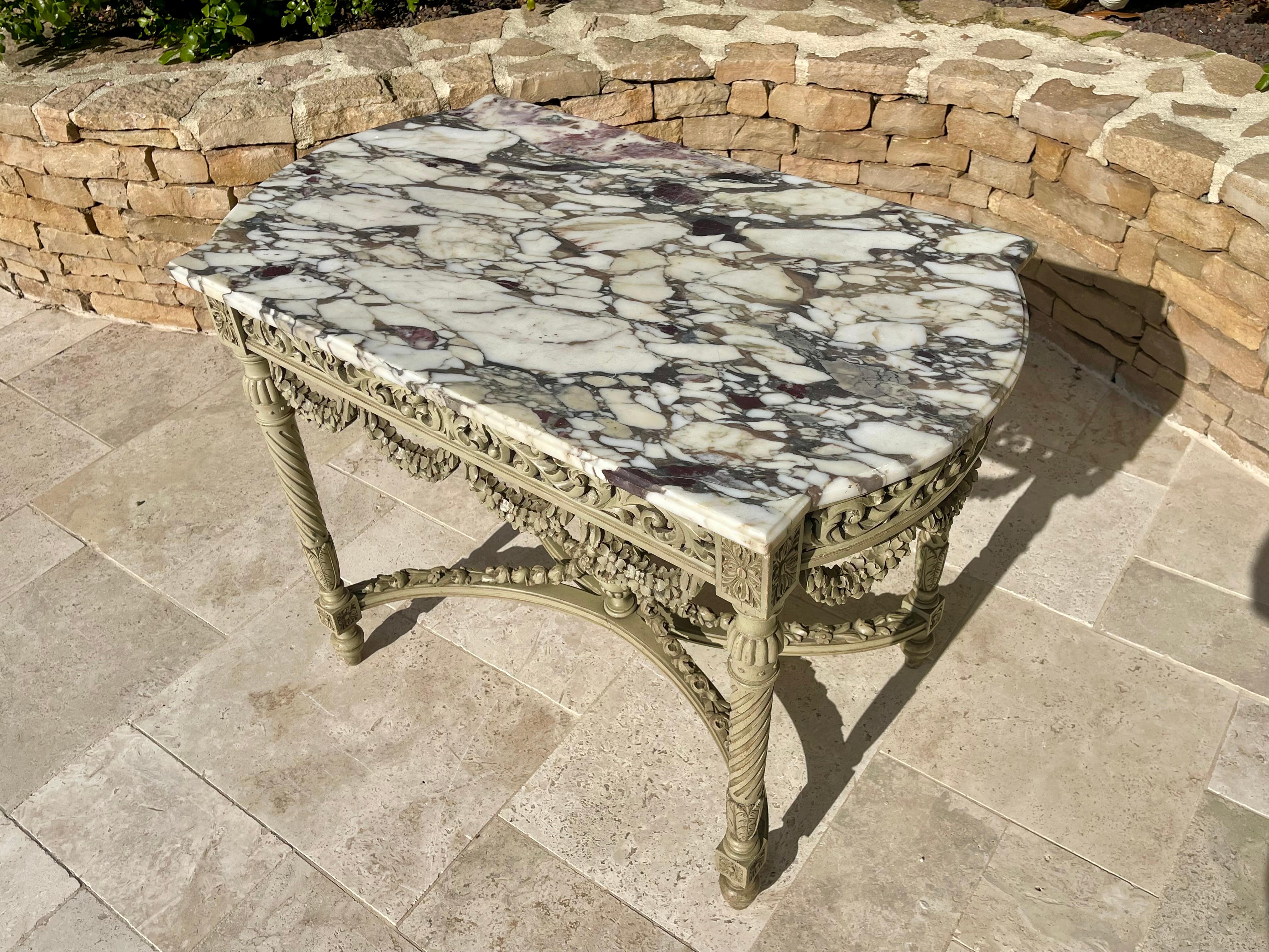 Louis XVI Style Laquered Center Table with Marble, XIXth century In Good Condition For Sale In Beaune, FR