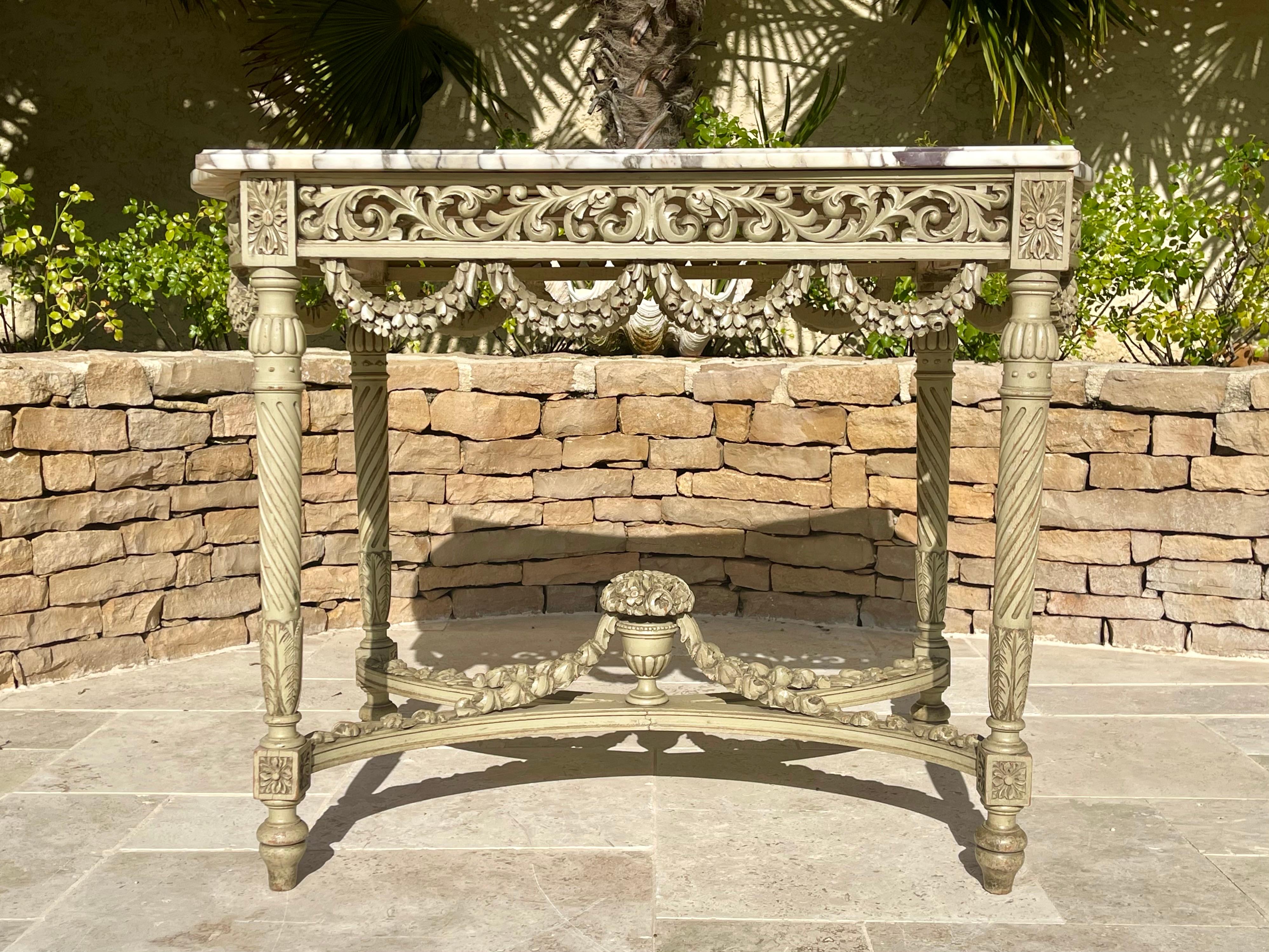19th Century Louis XVI Style Laquered Center Table with Marble, XIXth century For Sale