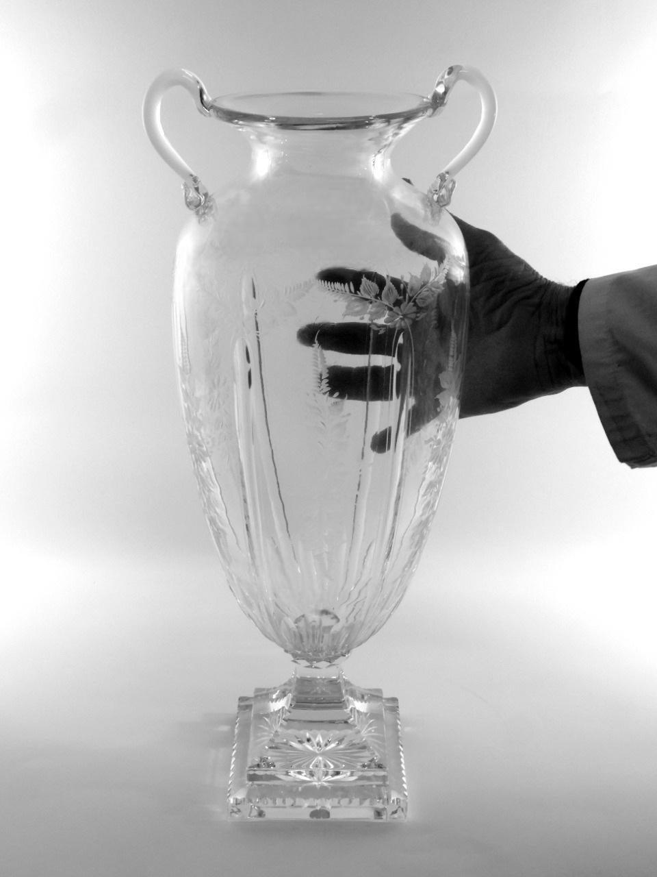 Louis XVI Style Large Italian Crystal Amphora With Engraved And Swan Handles For Sale 14