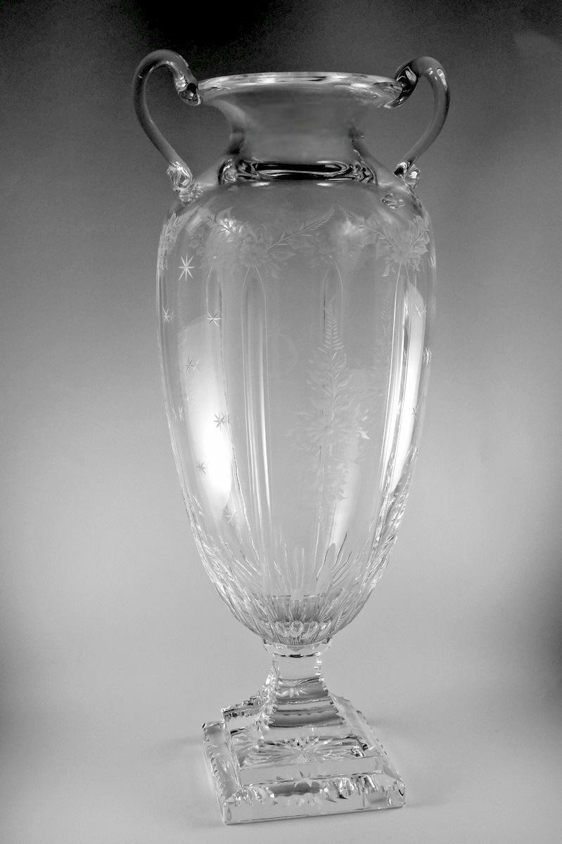 Hand-Crafted Louis XVI Style Large Italian Crystal Amphora With Engraved And Swan Handles For Sale