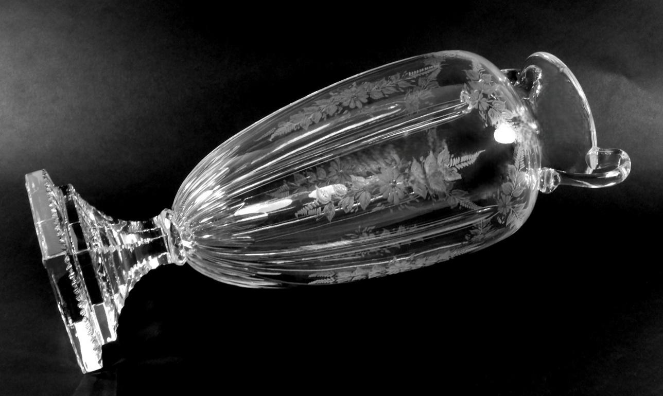 Louis XVI Style Large Italian Crystal Amphora With Engraved And Swan Handles For Sale 1
