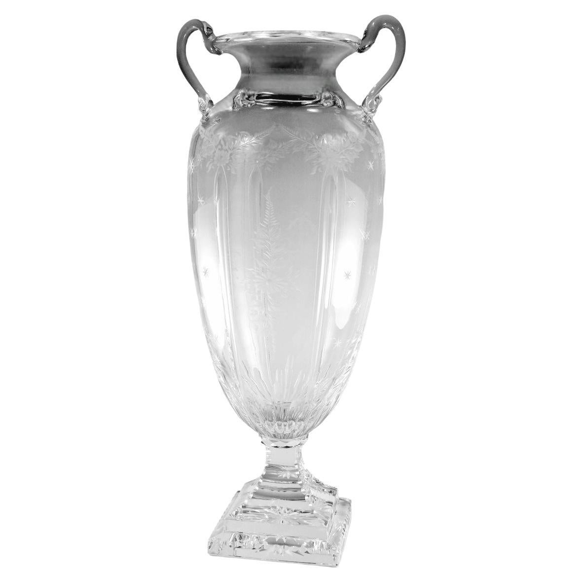Louis XVI Style Large Italian Crystal Amphora With Engraved And Swan Handles For Sale
