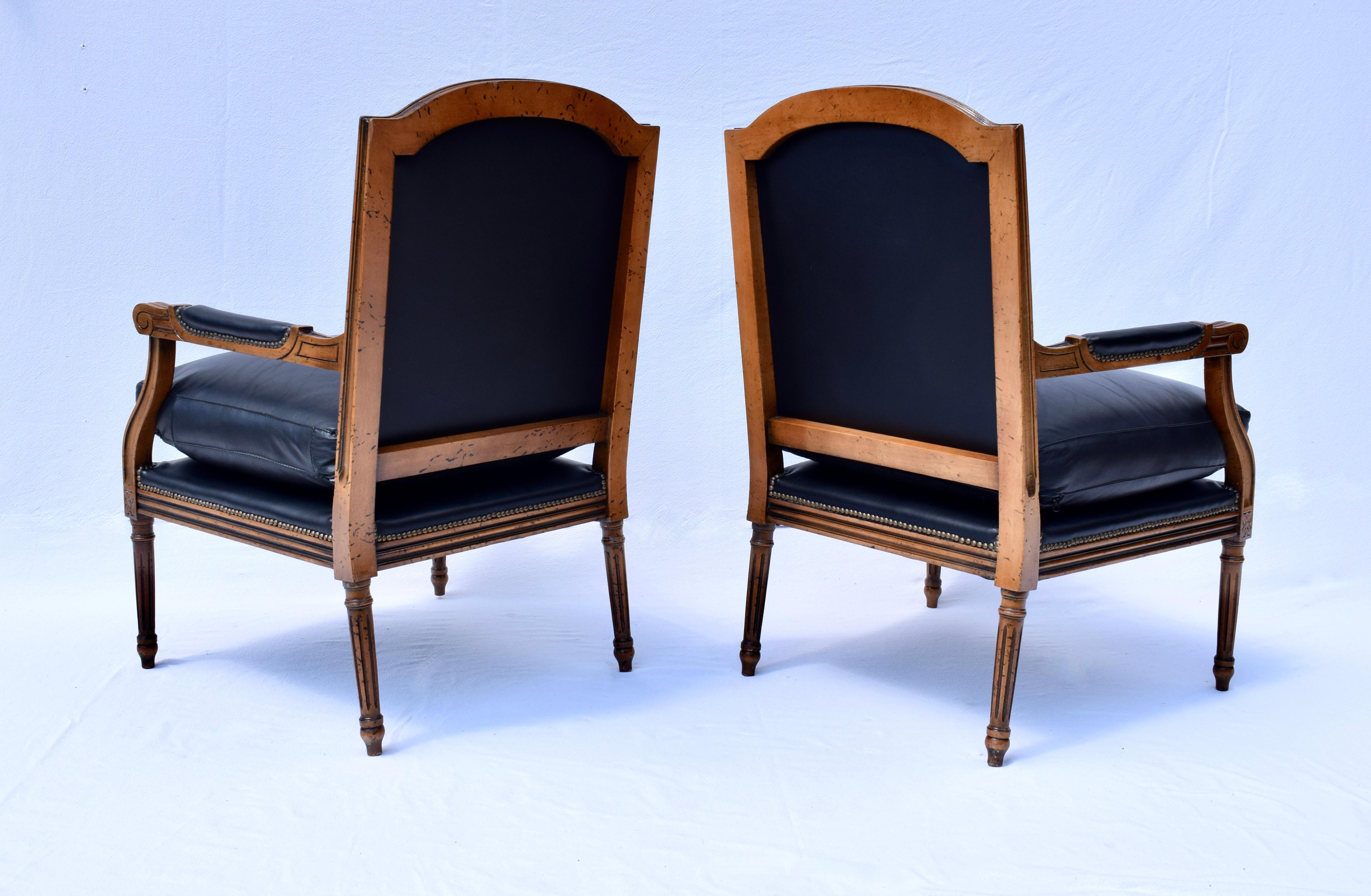 Carved Louis Xvi Style Leather Fauteuil Chairs For Sale