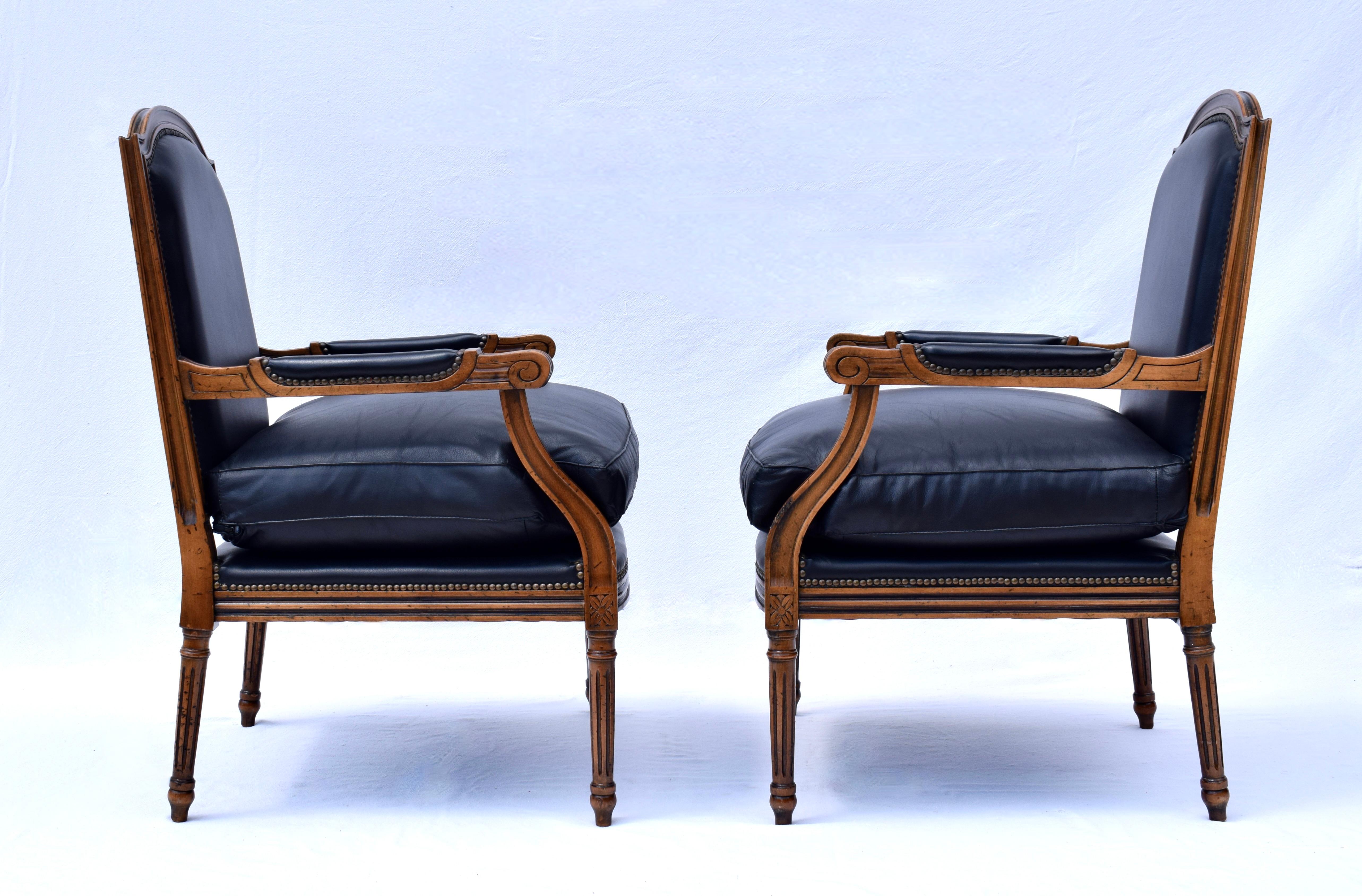 Brass Louis Xvi Style Leather Fauteuil Chairs For Sale