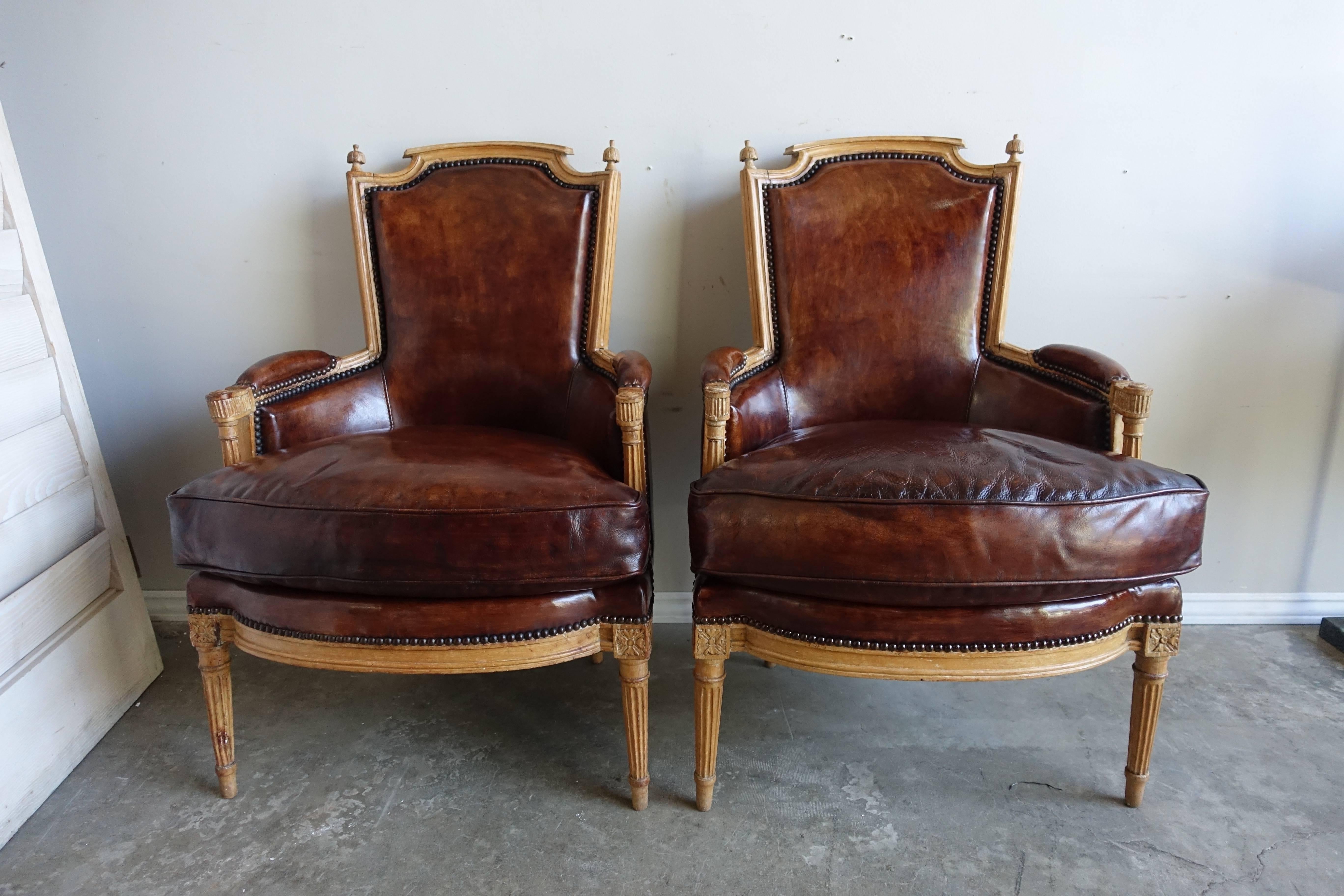 French Louis XVI Style Leather Upholstered Armchairs, Pair
