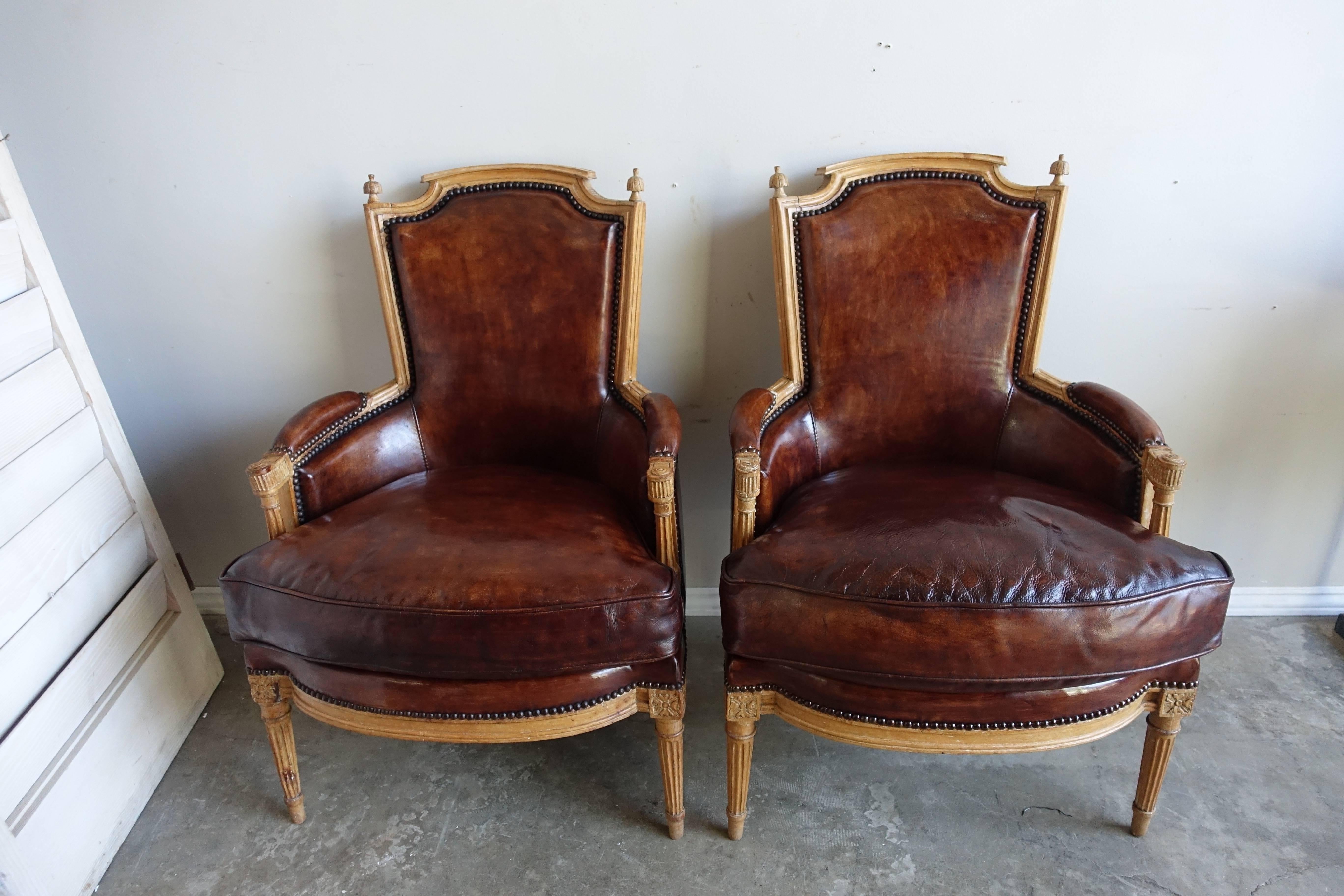 Bleached Louis XVI Style Leather Upholstered Armchairs, Pair