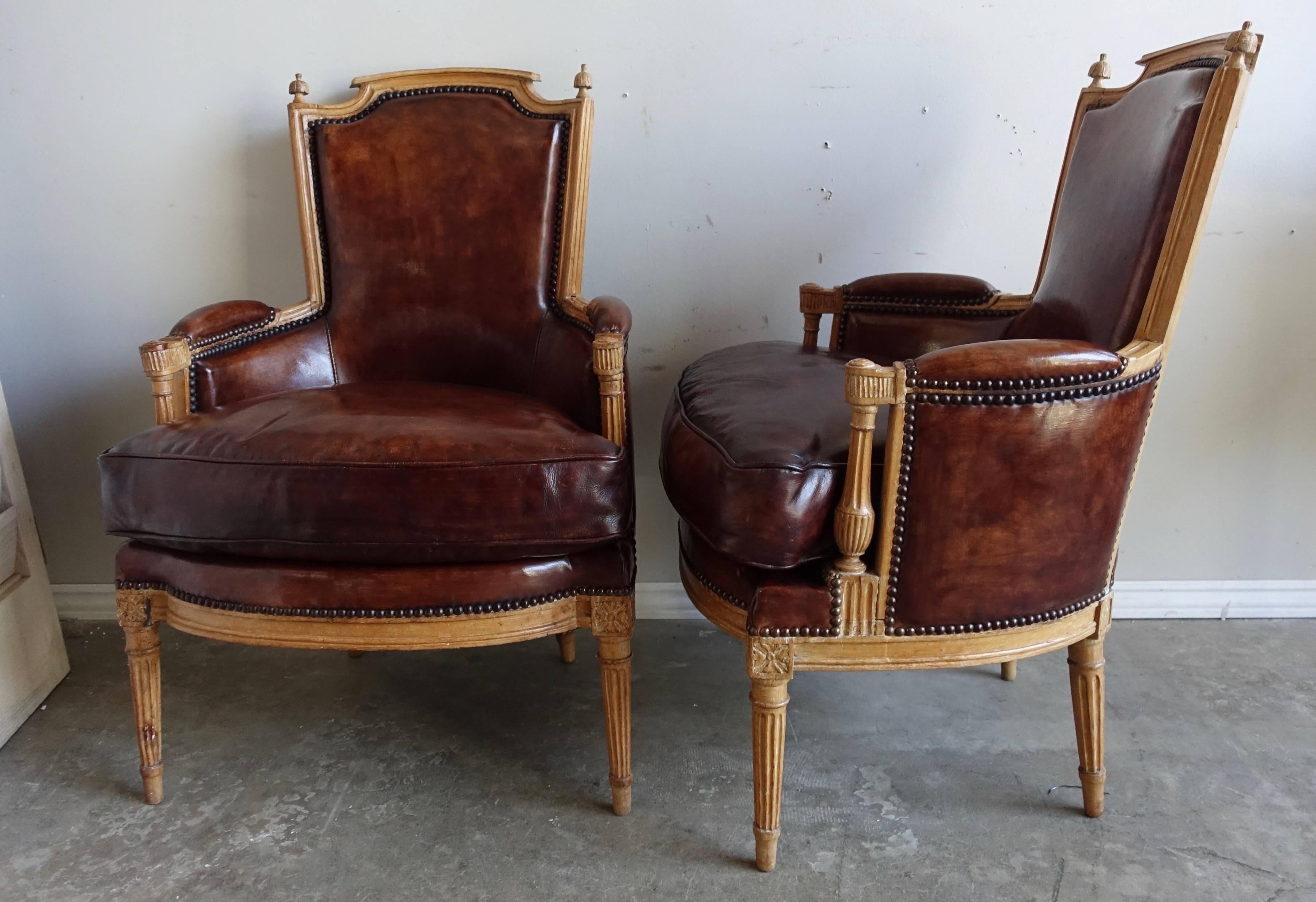 19th Century Louis XVI Style Leather Upholstered Armchairs, Pair