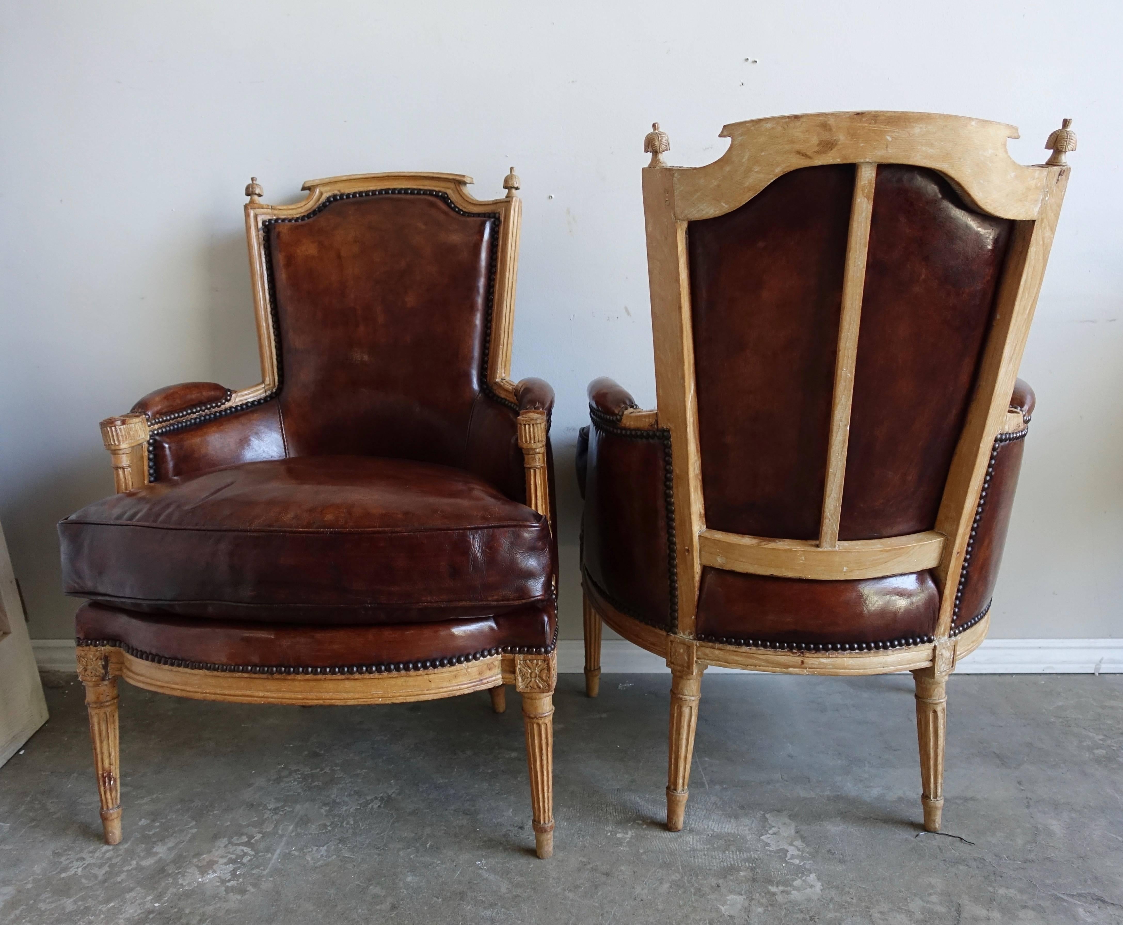 Louis XVI Style Leather Upholstered Armchairs, Pair 1