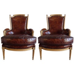 Antique Louis XVI Style Leather Upholstered Armchairs, Pair