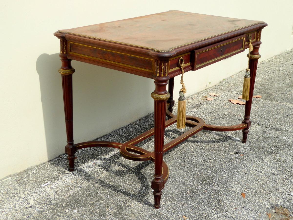 A mid-19th century library or center table in the Louis XVI style by Sosthène Bellanger for Bellanger Muebles D'Art. Gorgeous walnut with ormolu mounts. One large and two small drawers with dovetailed joints. The only one of its kind known to exist.