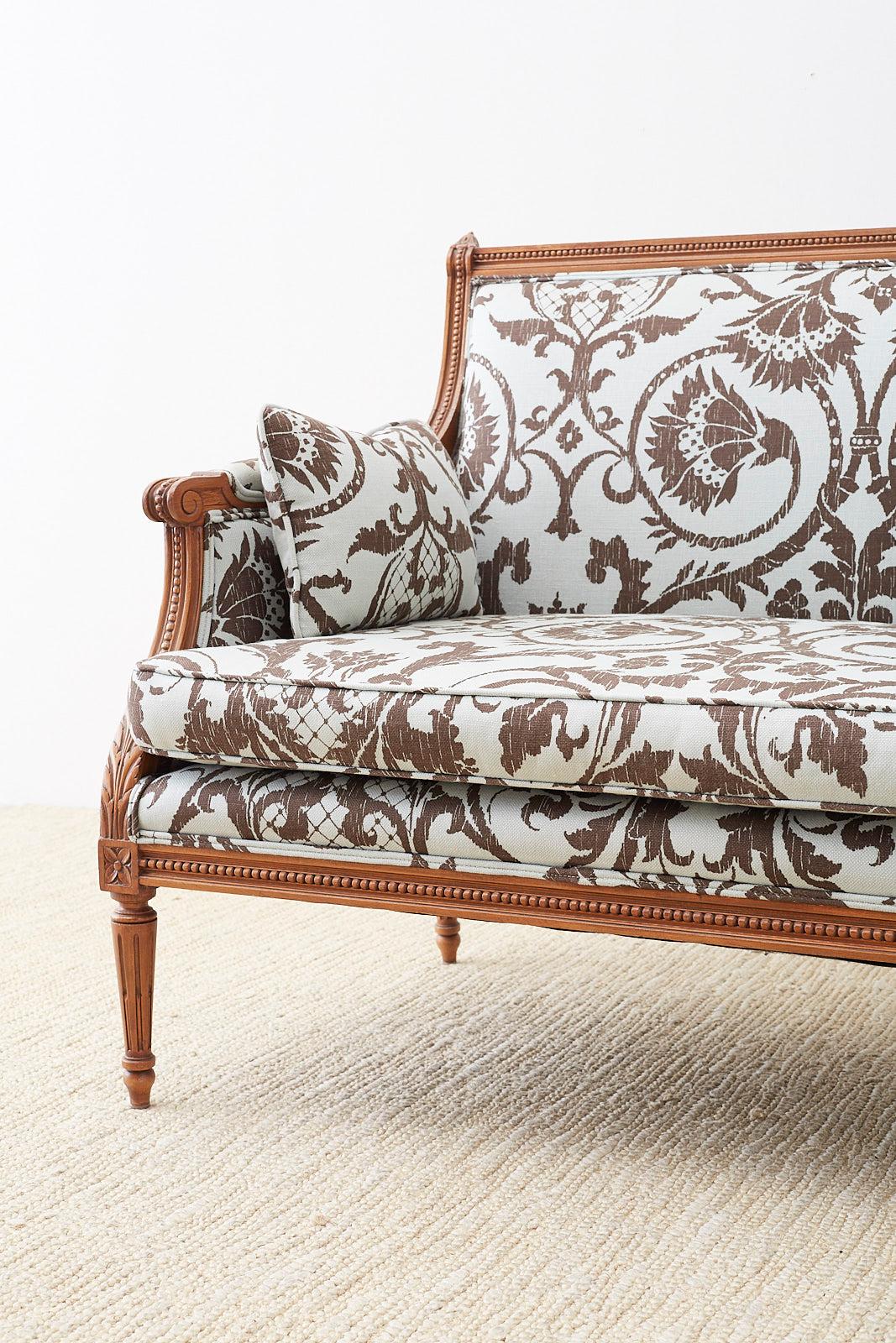 Hand-Crafted Louis XVI Style Linen Upholstered Settee or Canape