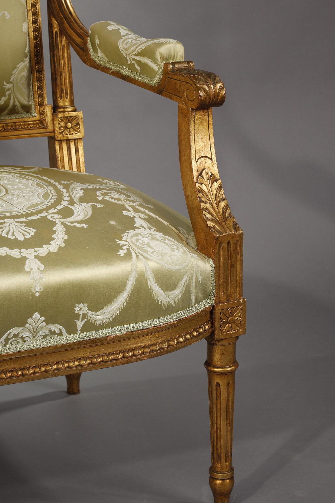 French Louis XVI Style Living Room Set in Gilded Wood and Green Silk