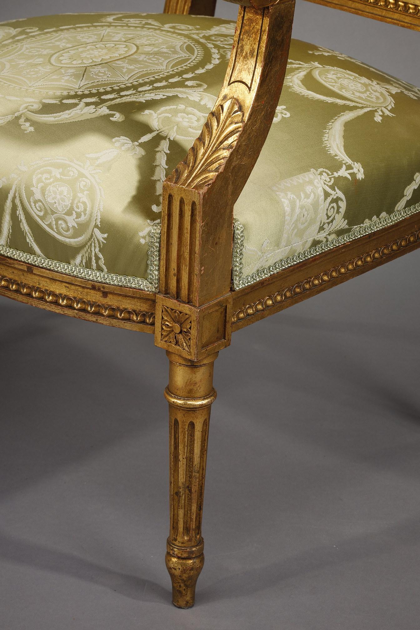 Louis XVI Style Living Room Set in Gilded Wood and Green Silk 1