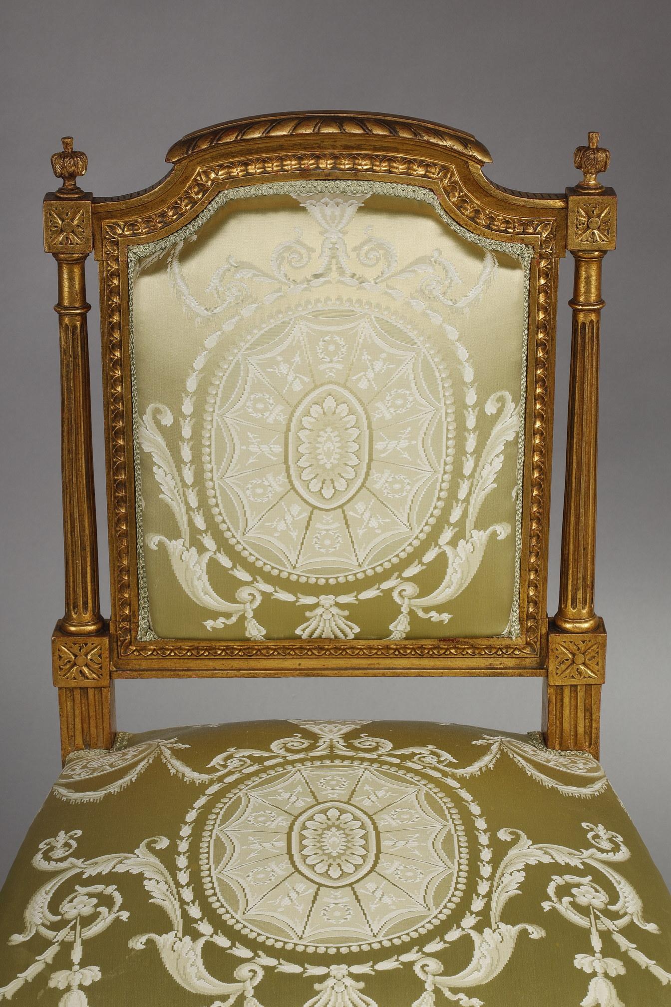 Louis XVI Style Living Room Set in Gilded Wood and Green Silk 3